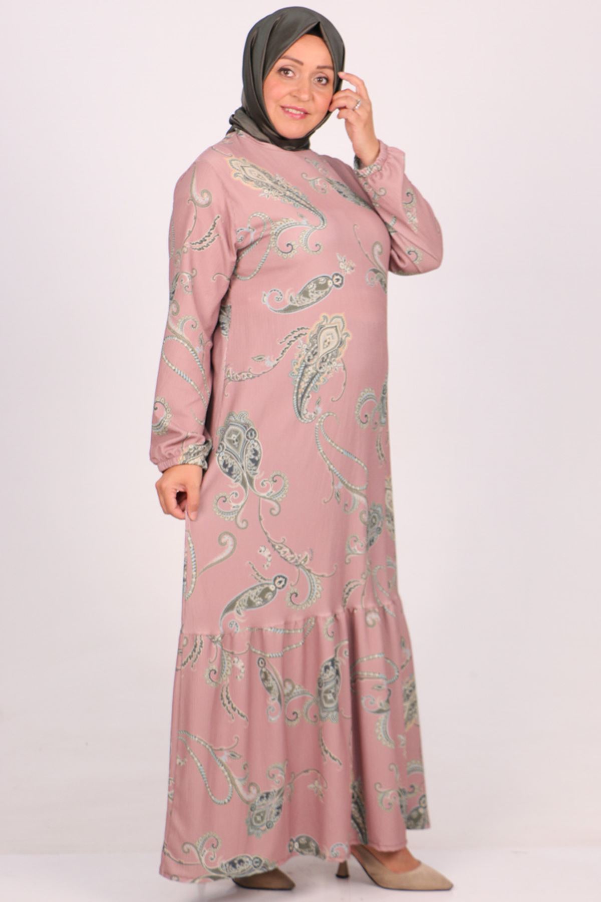 32024 Büyük Beden Etek Ucu Fırfırlı Bürümcük Elbise -Etnik Desen Pudra