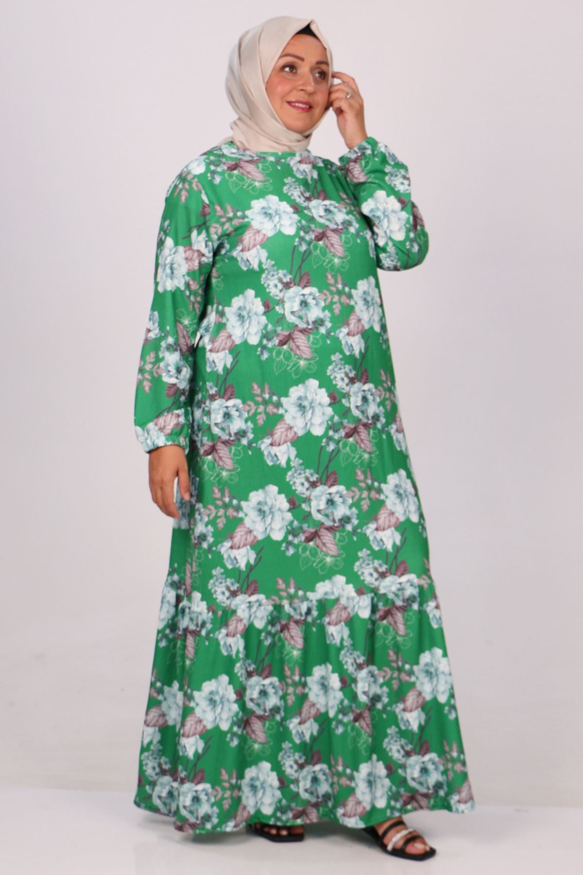 32024 Büyük Beden Etek Ucu Fırfırlı Bürümcük Elbise -Yeşil Çiçekli Benetton