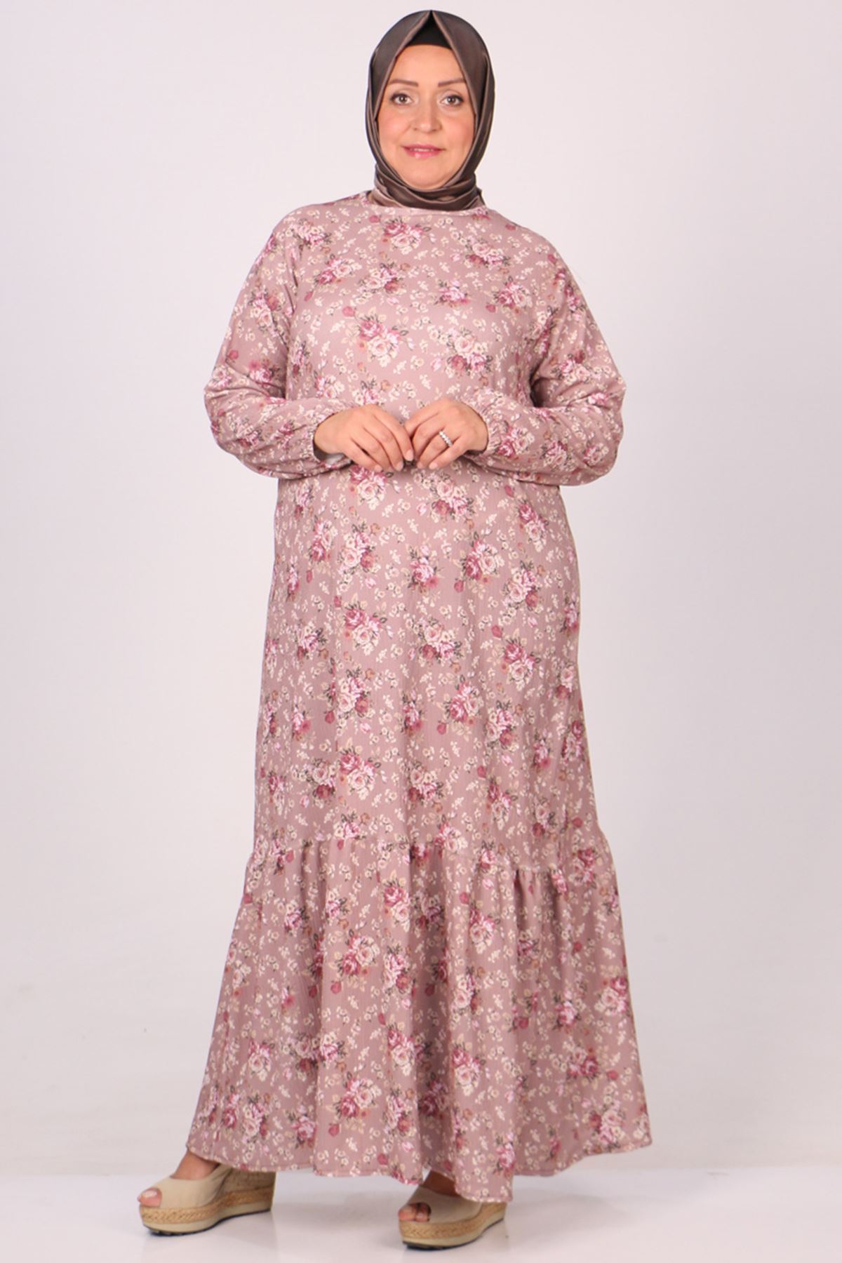 32024 Büyük Beden Etek Ucu Fırfırlı Bürümcük Elbise -Çiçek Desen Vizon