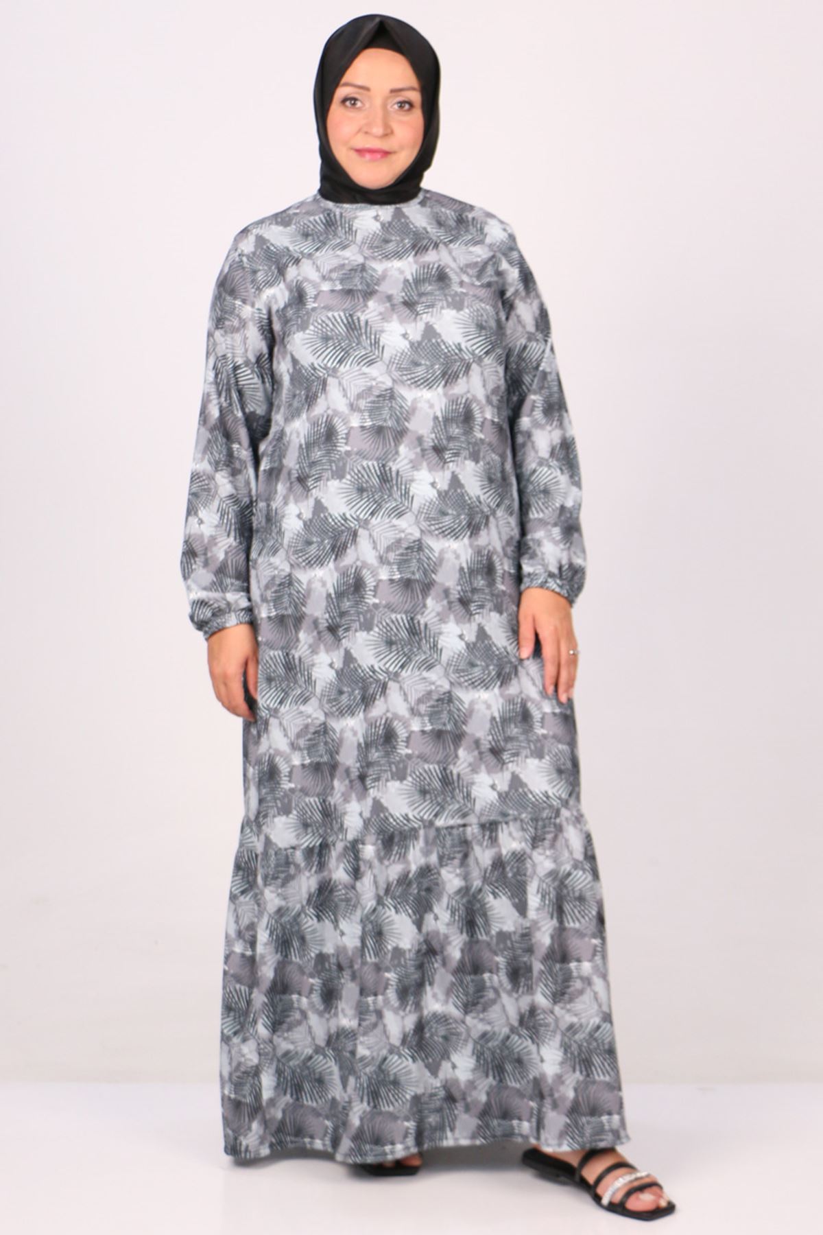32024 Büyük Beden Etek Ucu Fırfırlı Bürümcük Elbise -Yaprak Desen Antrasit