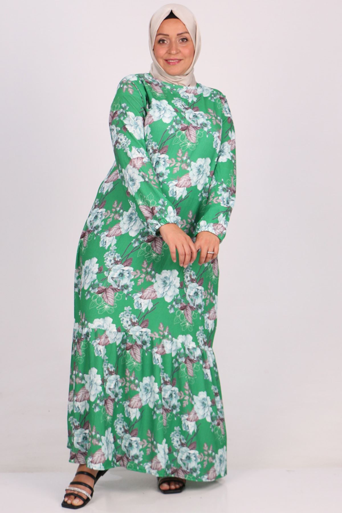 32024 Büyük Beden Etek Ucu Fırfırlı Bürümcük Elbise -Yeşil Çiçekli Benetton
