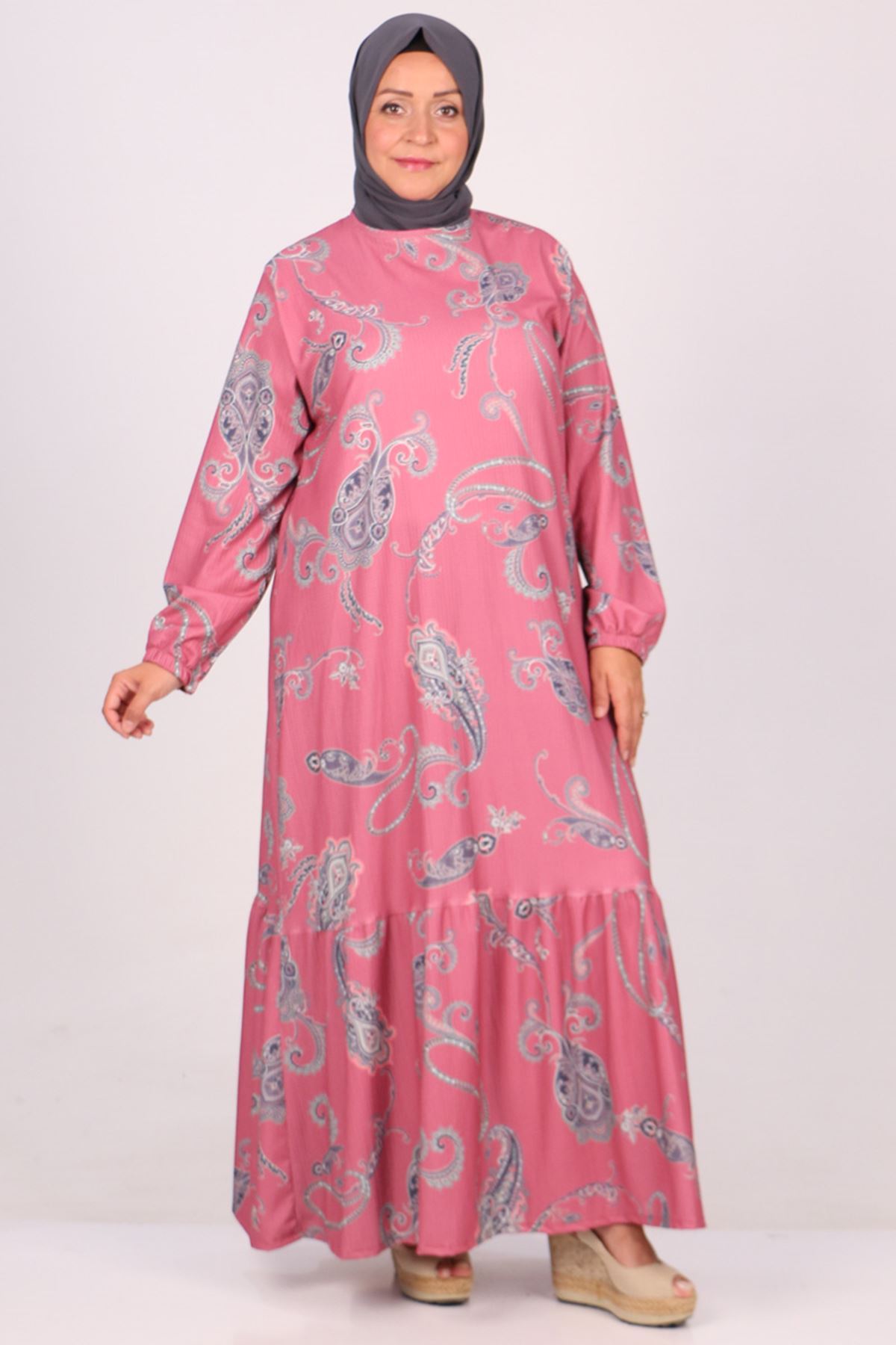 32024 Büyük Beden Etek Ucu Fırfırlı Bürümcük Elbise -Etnik Desen Pembe