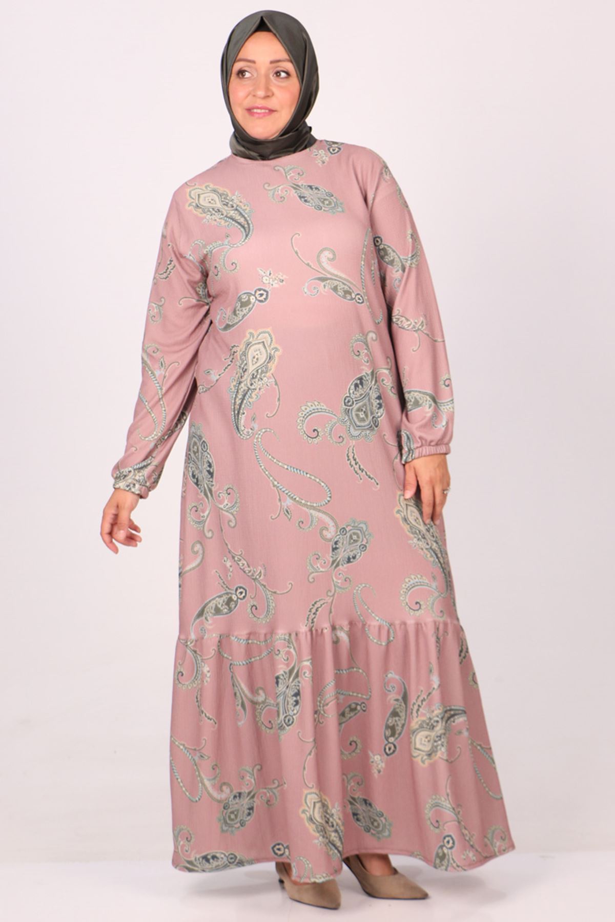 32024 Büyük Beden Etek Ucu Fırfırlı Bürümcük Elbise -Etnik Desen Pudra