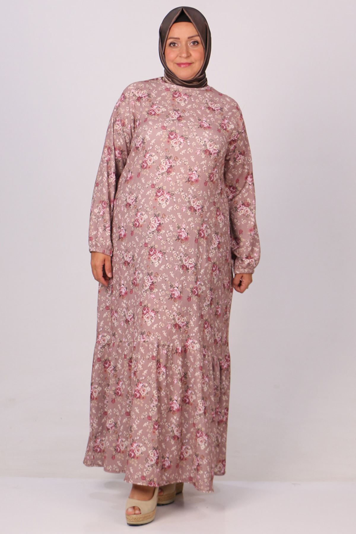 32024 Büyük Beden Etek Ucu Fırfırlı Bürümcük Elbise -Çiçek Desen Vizon