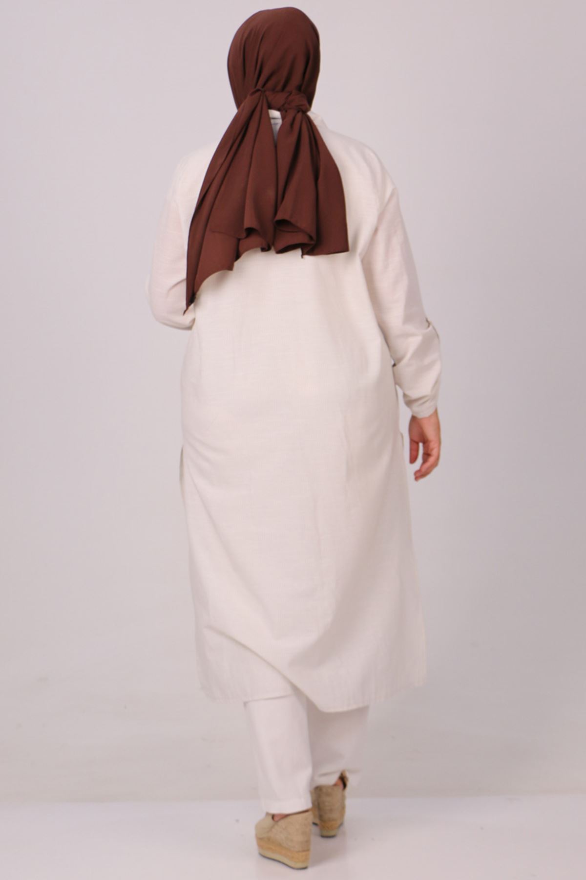 37034 Büyük Beden Cepli Keten Pantolonlu Takım -Taş