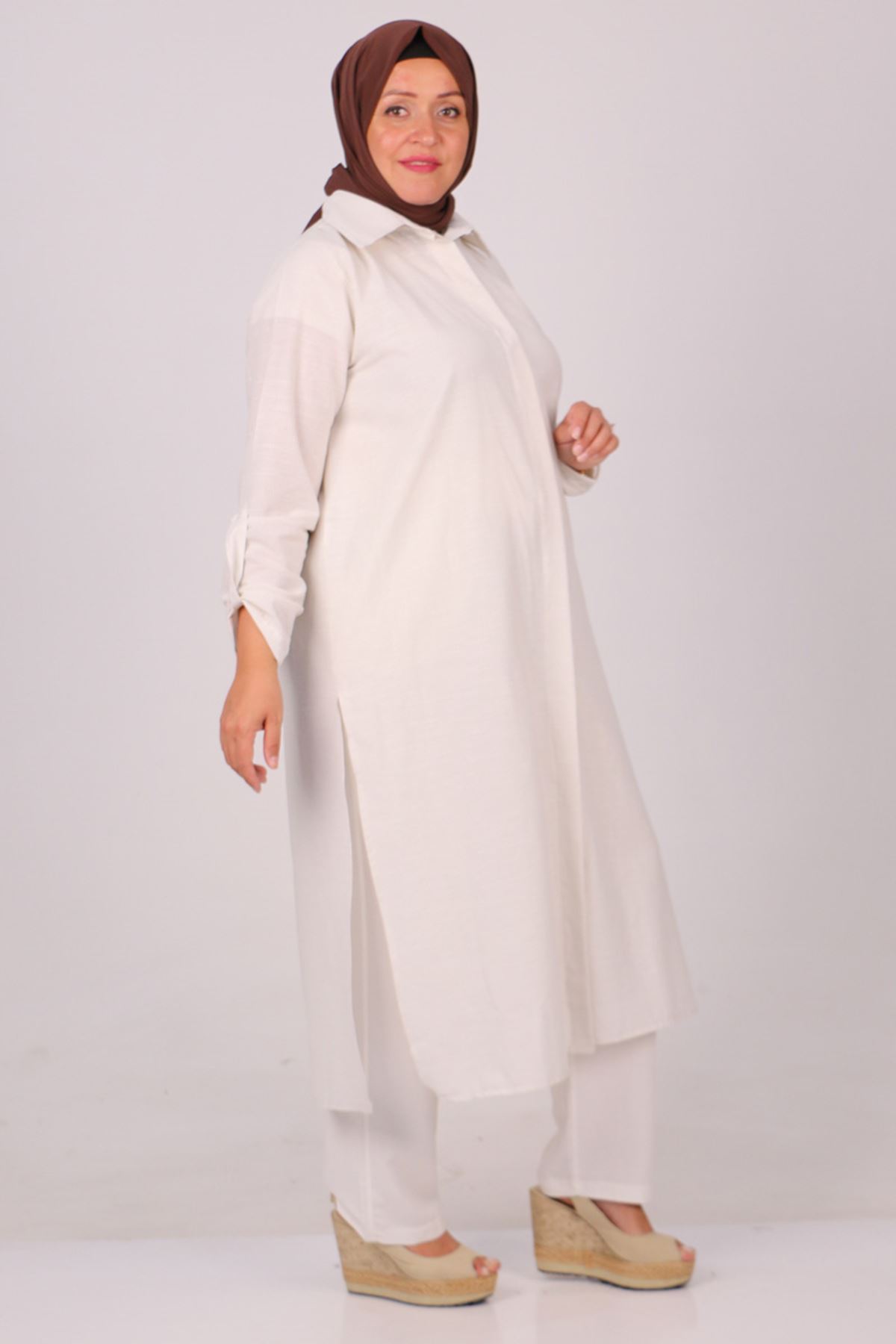 37034 Büyük Beden Cepli Keten Pantolonlu Takım -Taş