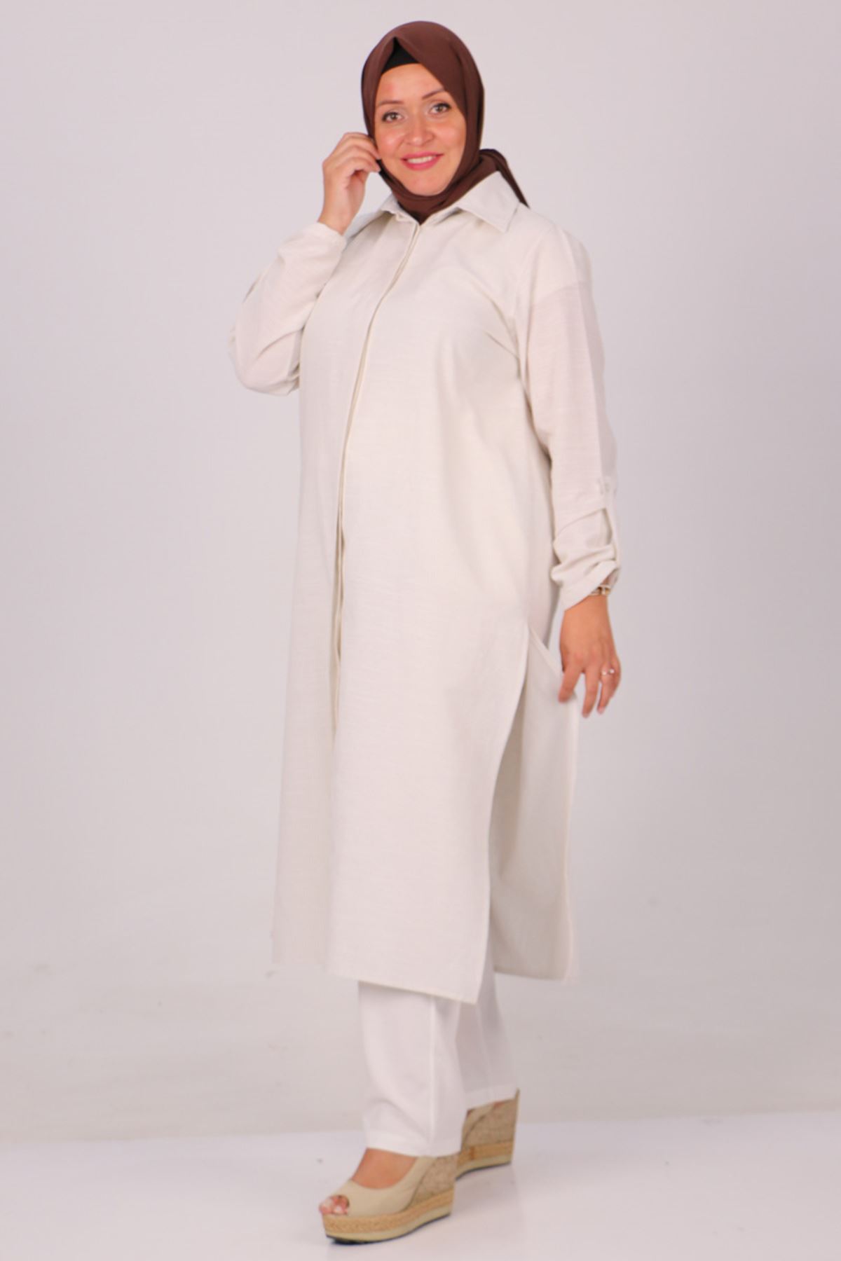 37034 Büyük Beden Cepli Keten Pantolonlu Takım -Taş