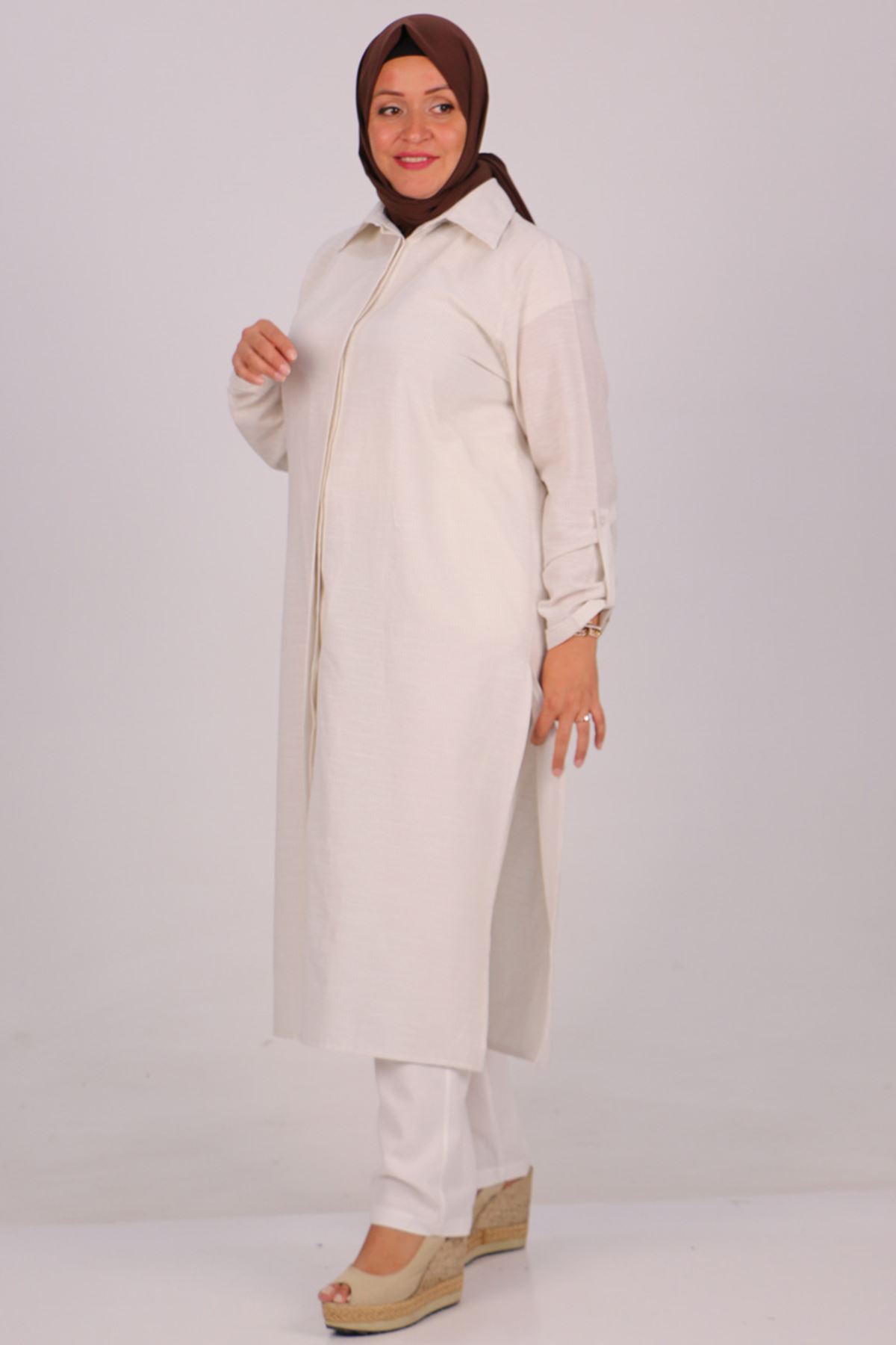 37034 Büyük Beden Cepli Keten Pantolonlu Takım -Taş