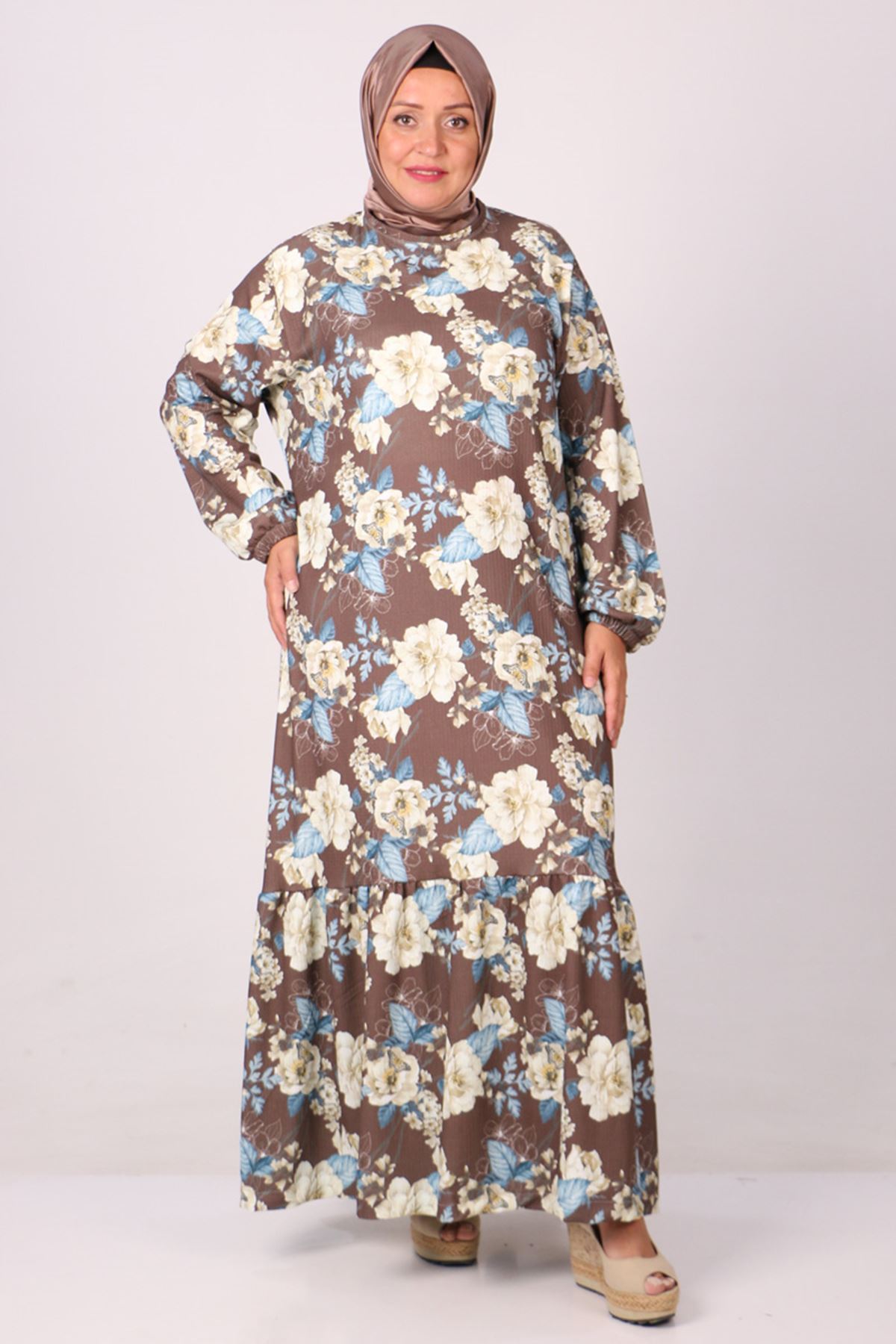 32024 Büyük Beden Etek Ucu Fırfırlı Bürümcük Elbise - Çiçek Desen Kahve
