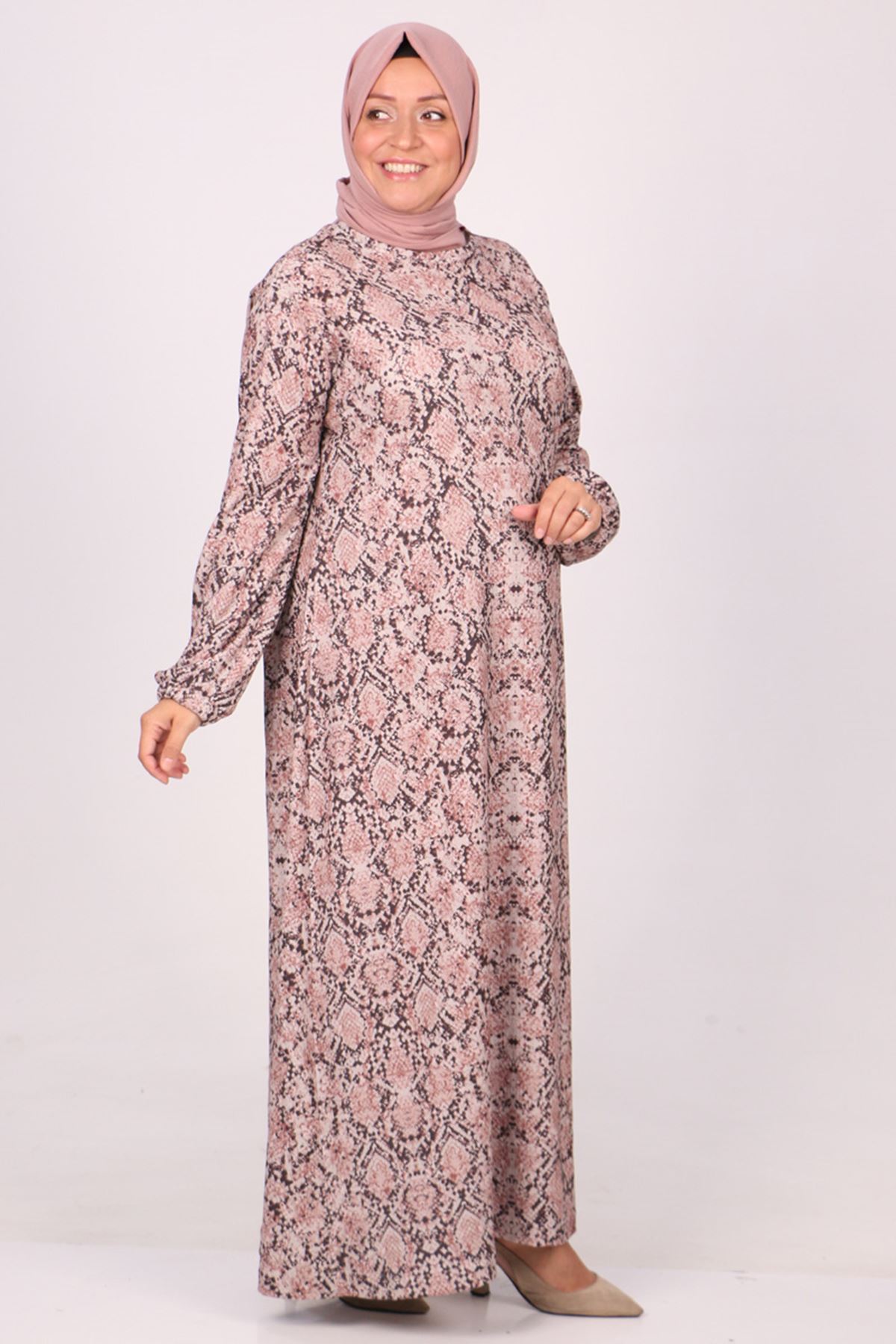 32025 Büyük Beden Bürümcük Elbise -Desenli Pudra