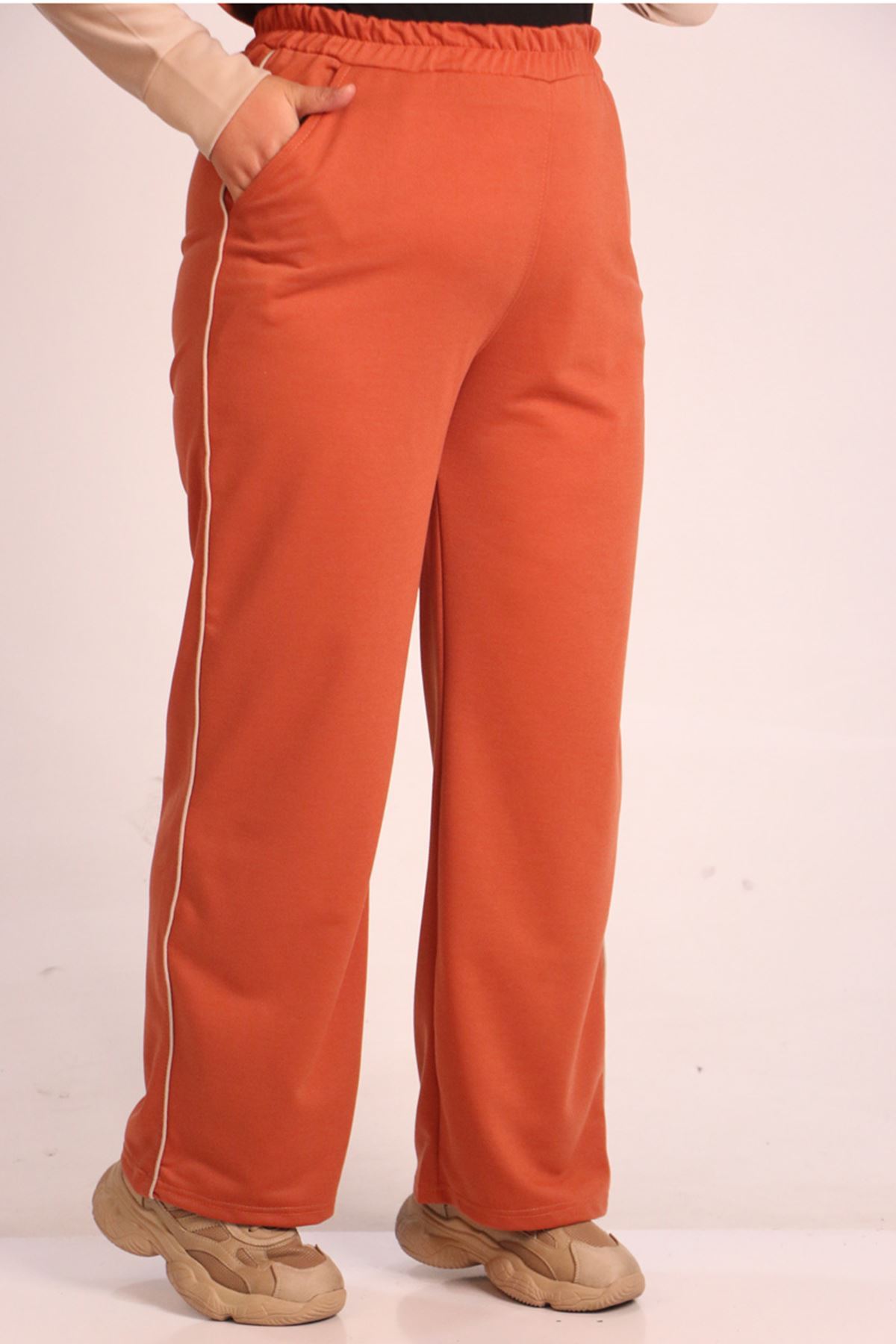 SHRNR19820 Büyük Beden Renk Kombinli İki İplik Pantolonlu Takım-Bej Kiremit 