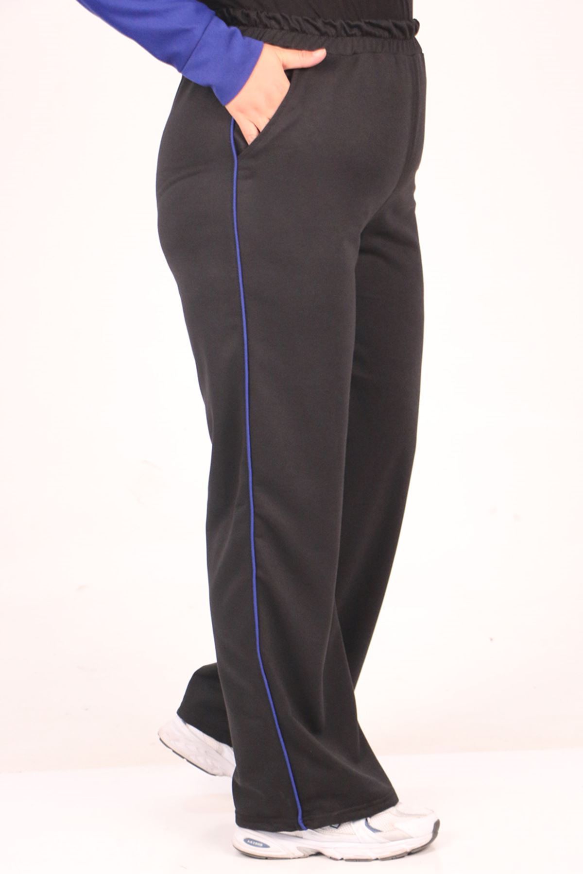 SHRNR19820 Büyük Beden Renk Kombinli İki İplik Pantolonlu Takım-Saks-Siyah