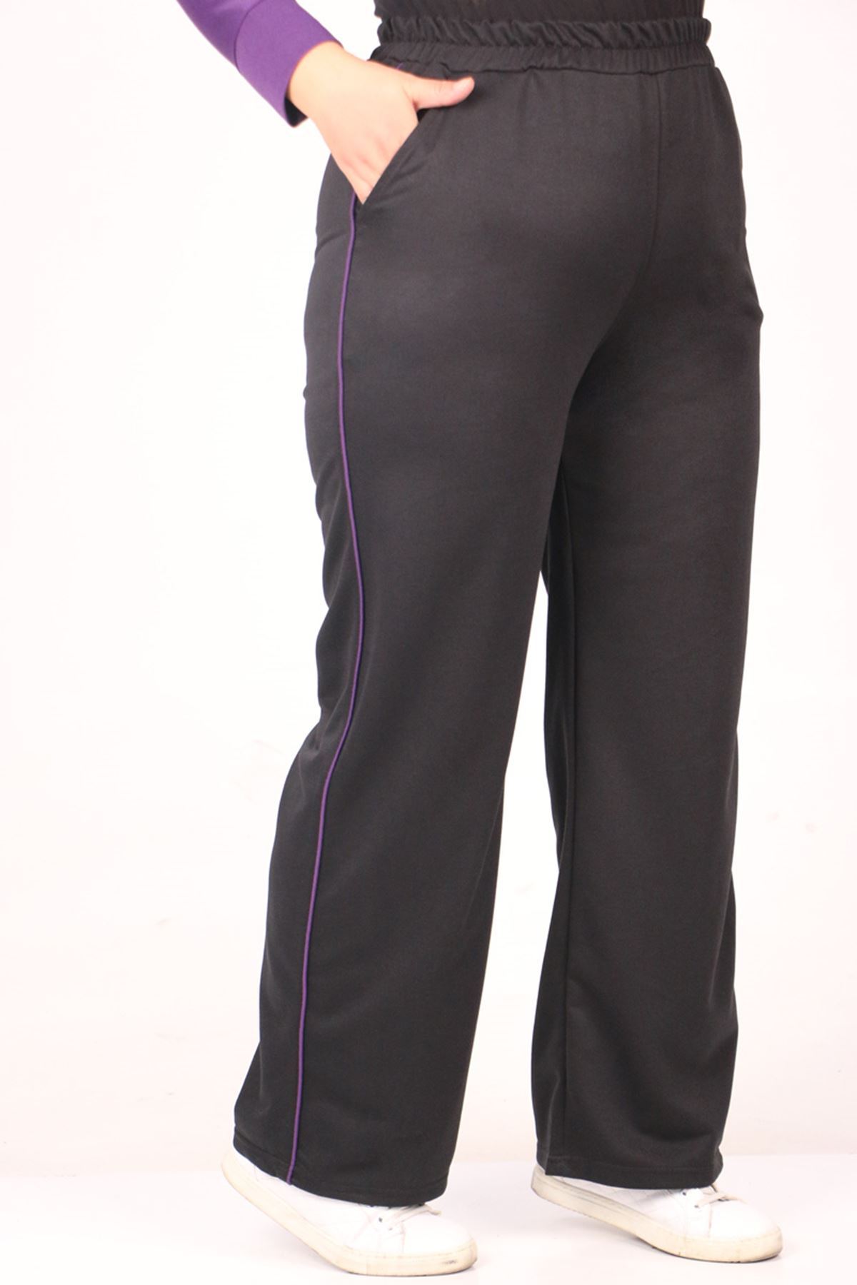 SHRNR19820 Büyük Beden Renk Kombinli İki İplik Pantolonlu Takım-Siyah-Mor 