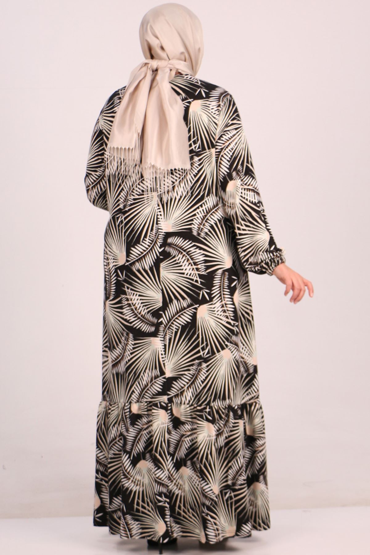 42007 Büyük Beden Eteği Fırfırlı Kristal Elbise-Palmiye Desen Bej