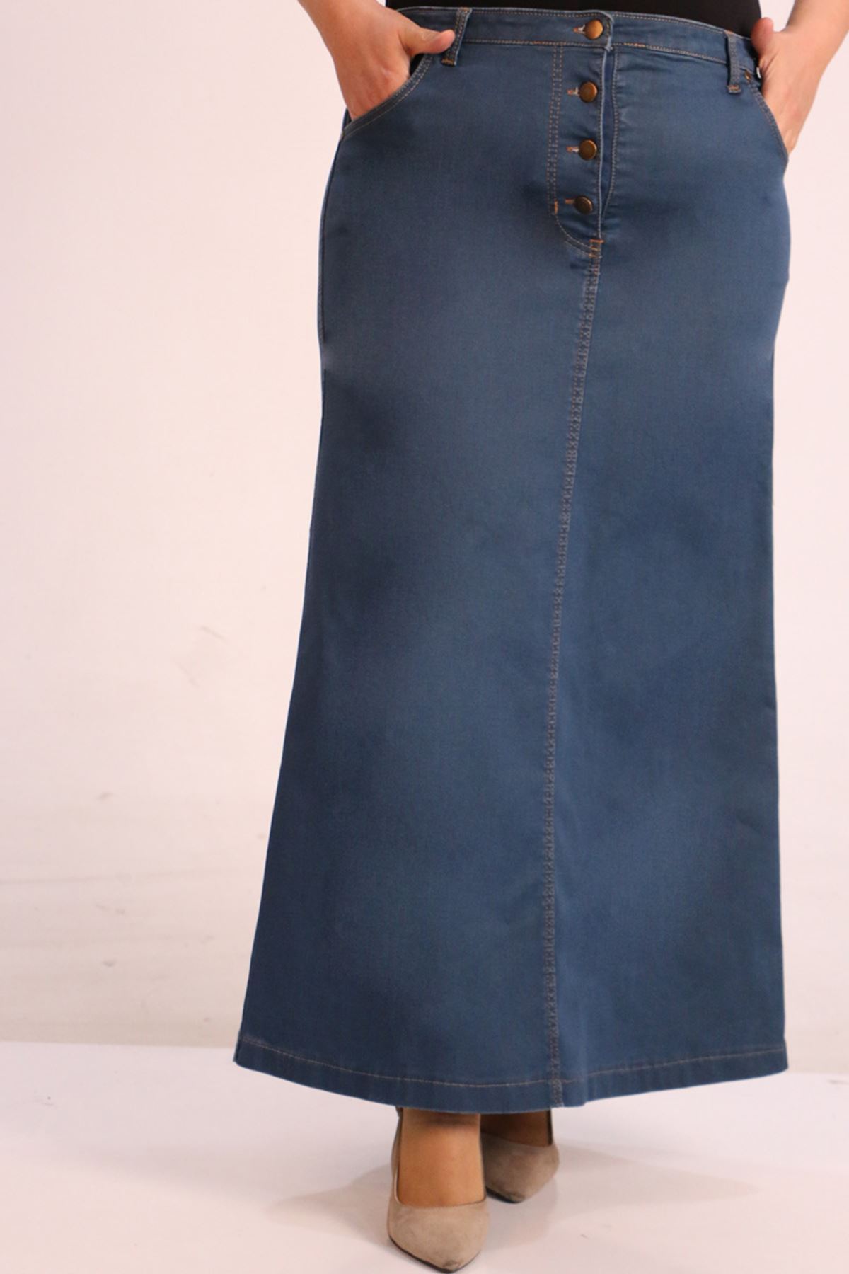 45002 Büyük Beden Önden Düğmeli Kot Etek-petrol