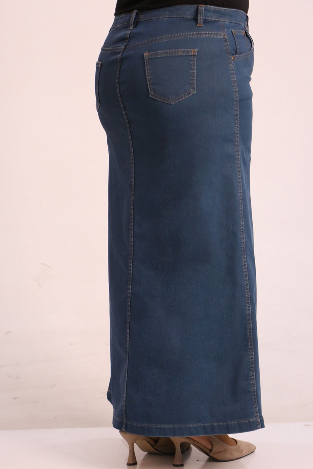 45002 Büyük Beden Önden Düğmeli Kot Etek-petrol