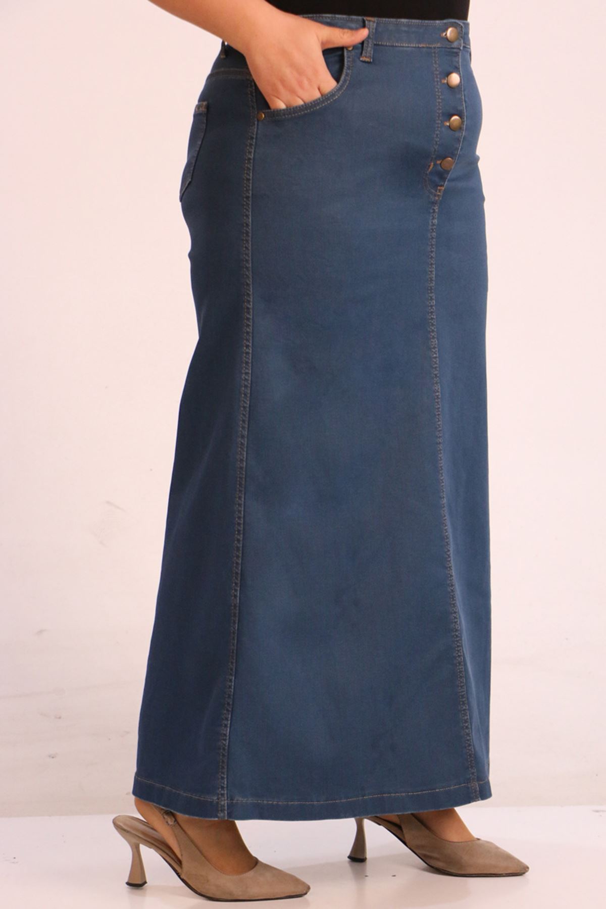 45002 Büyük Beden Önden Düğmeli Kot Etek-petrol