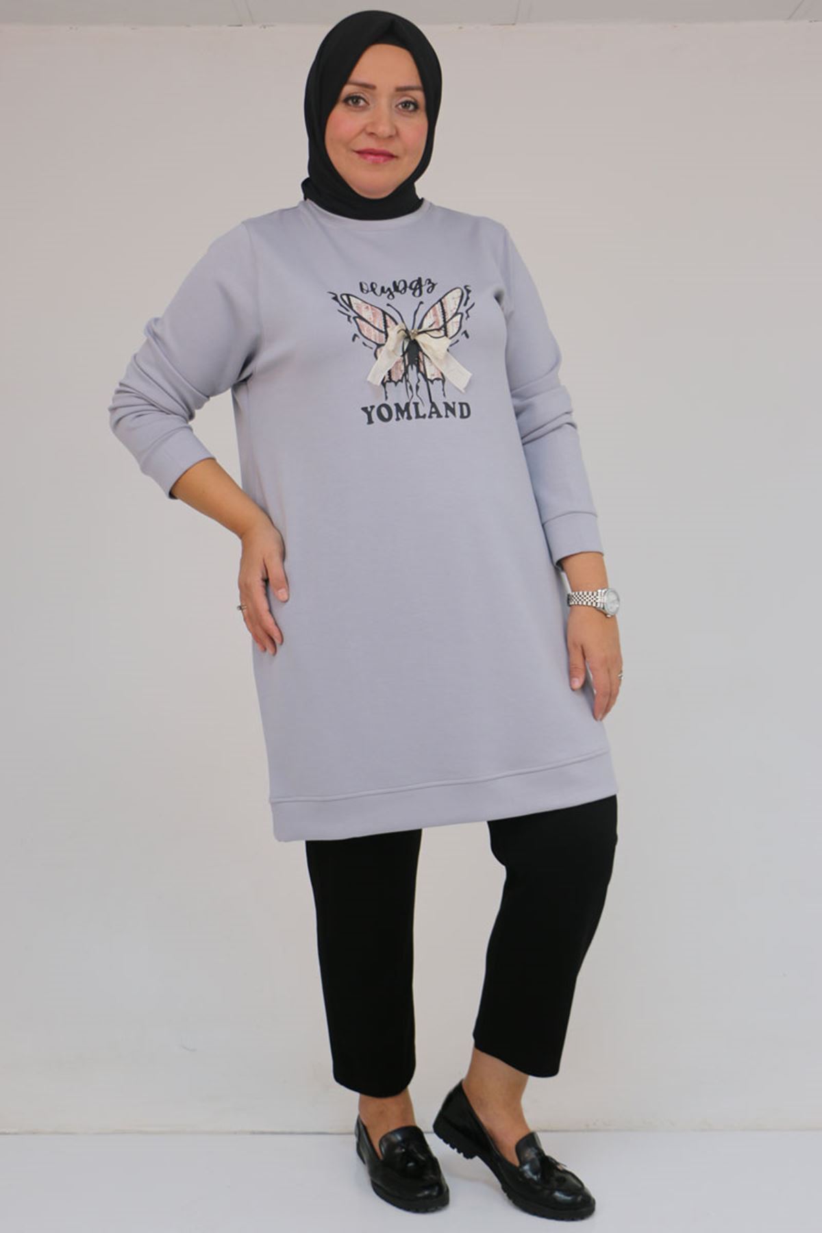 58145 Büyük Beden Kelebek Baskılı Modal Tunik - Gri