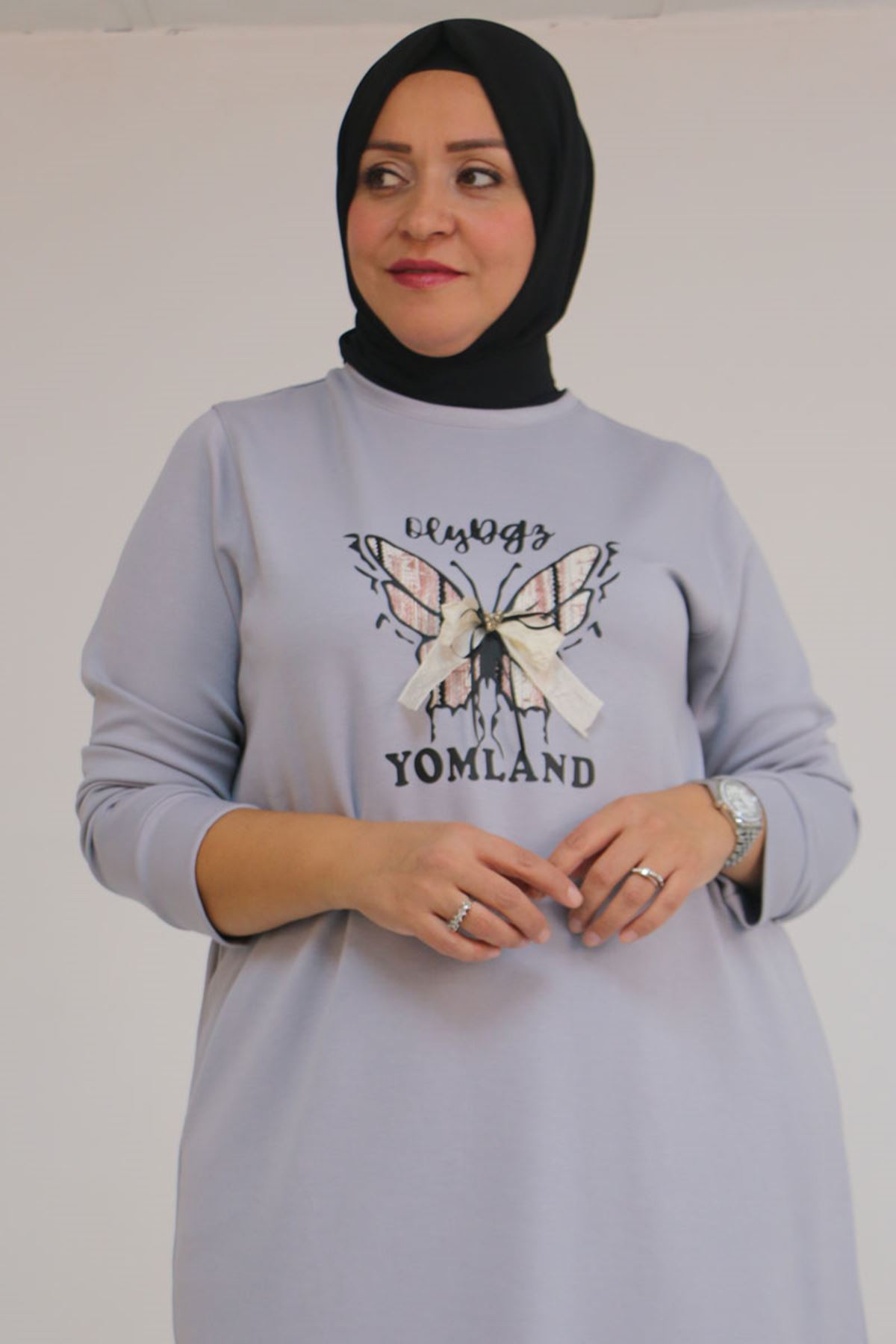 58145 Büyük Beden Kelebek Baskılı Modal Tunik - Gri