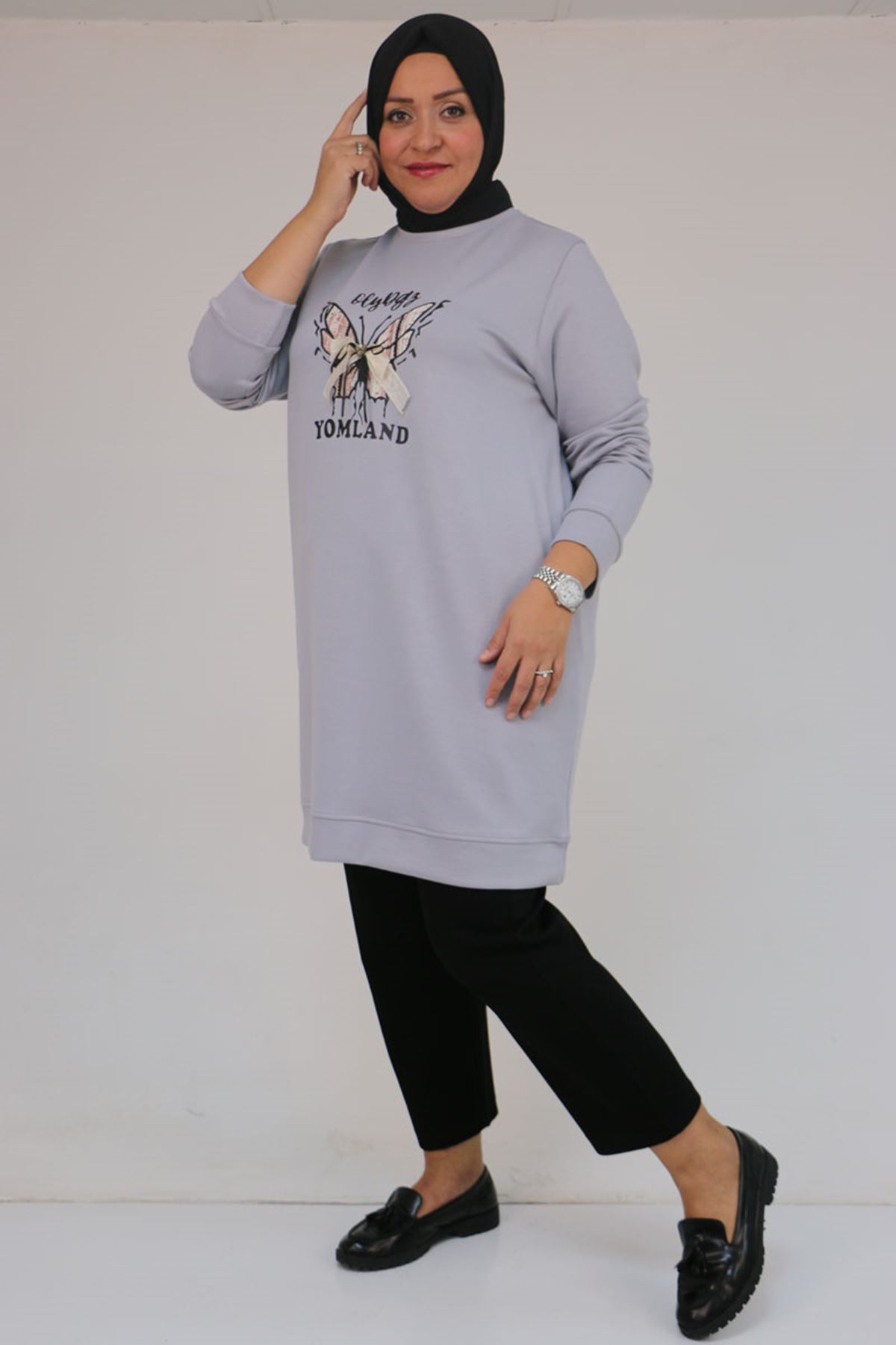 58145 Büyük Beden Kelebek Baskılı Modal Tunik - Gri