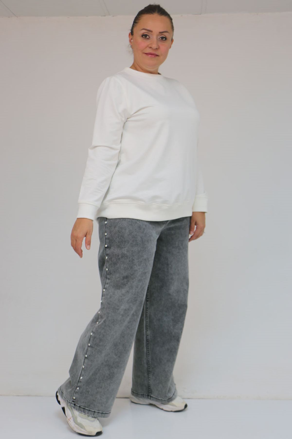 59034 Büyük Beden Bolpaça Taş Detaylı Kot Pantolon - Kar Yıkama Siyah