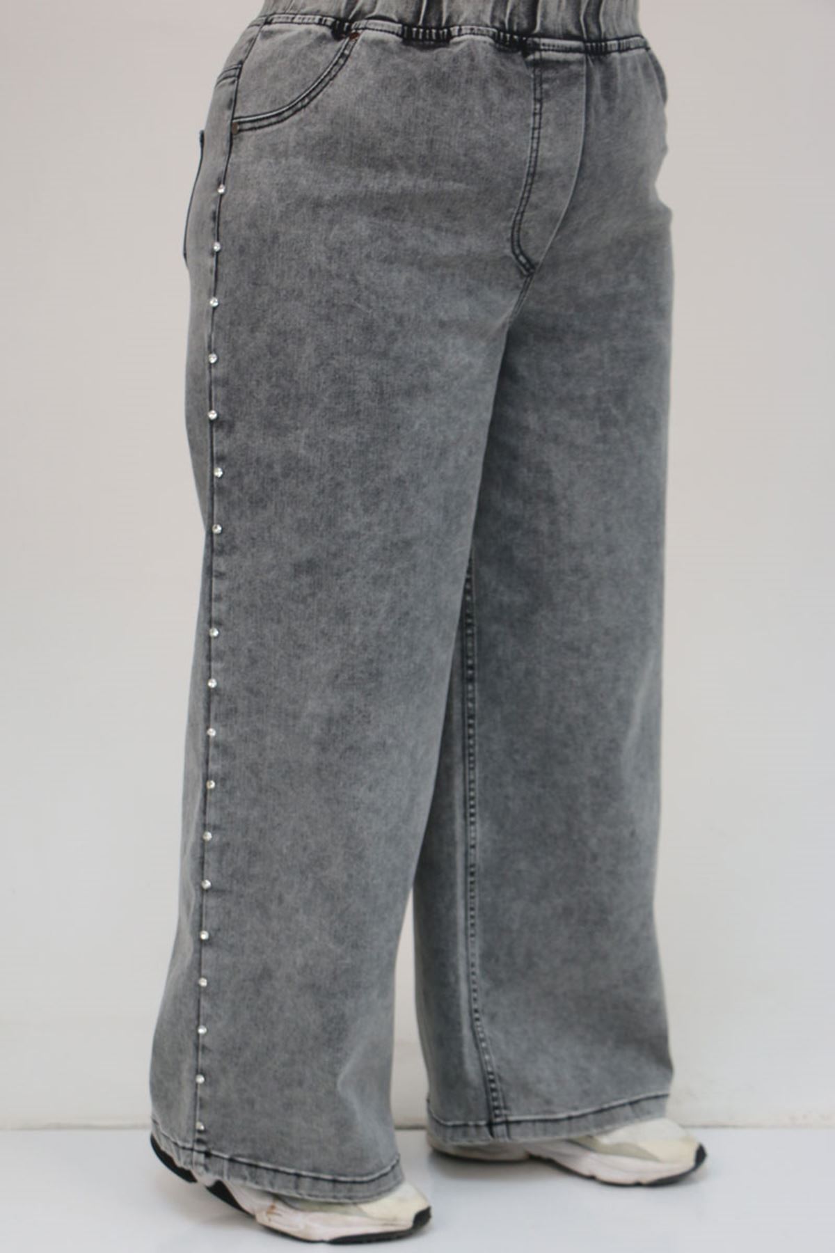 59034 Büyük Beden Bolpaça Taş Detaylı Kot Pantolon - Kar Yıkama Siyah