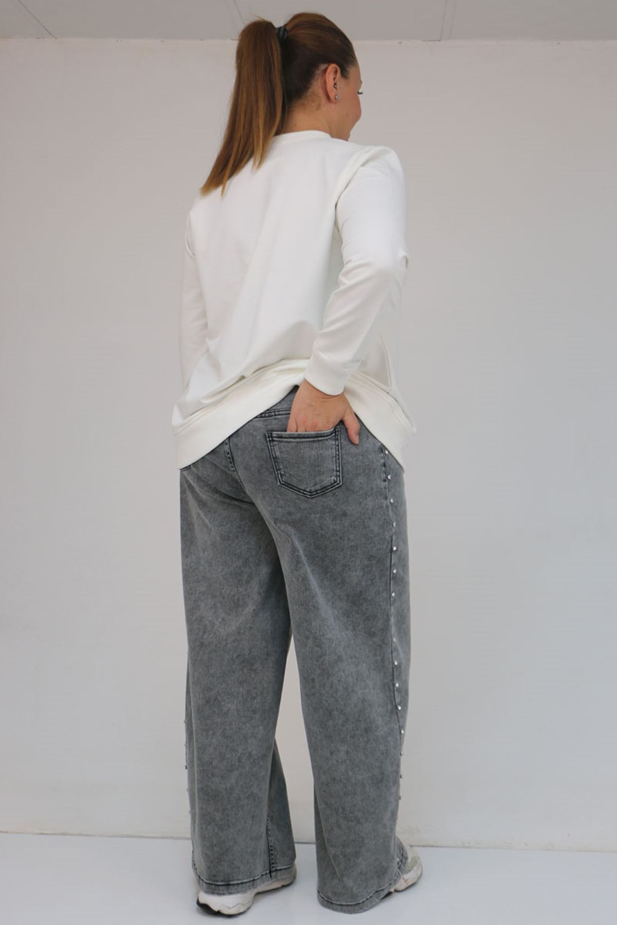 59034 Büyük Beden Bolpaça Taş Detaylı Kot Pantolon - Kar Yıkama Siyah