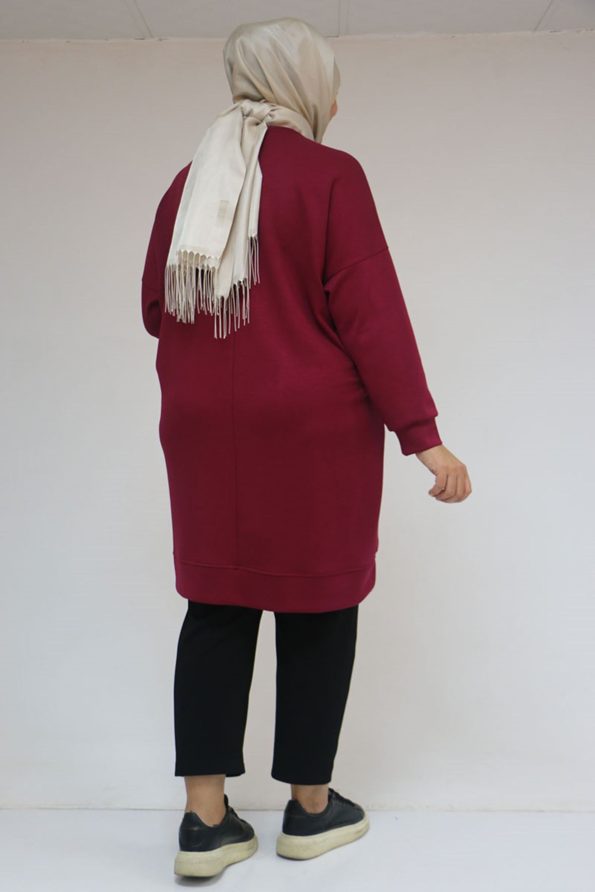 58151 Büyük Beden Kol Ve Etek Ucu Kendinden Ribanalı Modal Tunik - Fuşya