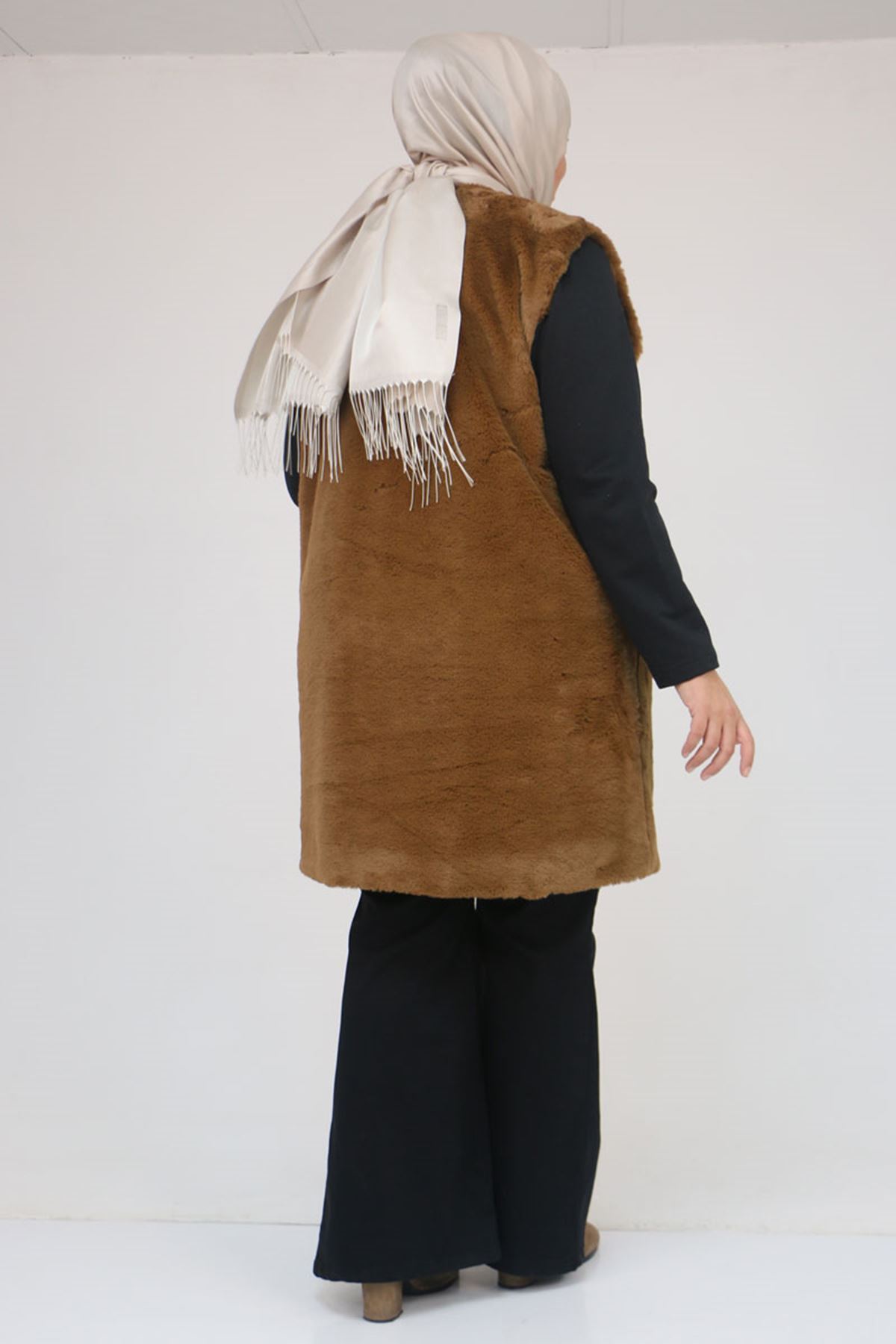 54013 Büyük Beden Cepli Rabbit Astarlı Yelek - Kahve