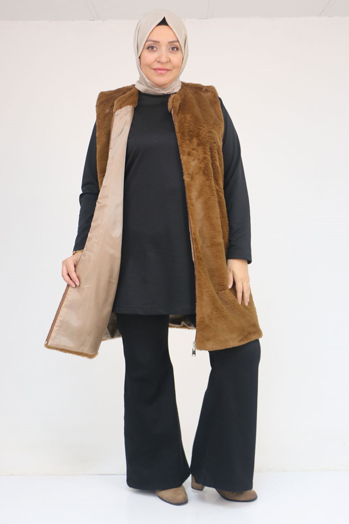 54013 Büyük Beden Cepli Rabbit Astarlı Yelek - Kahve