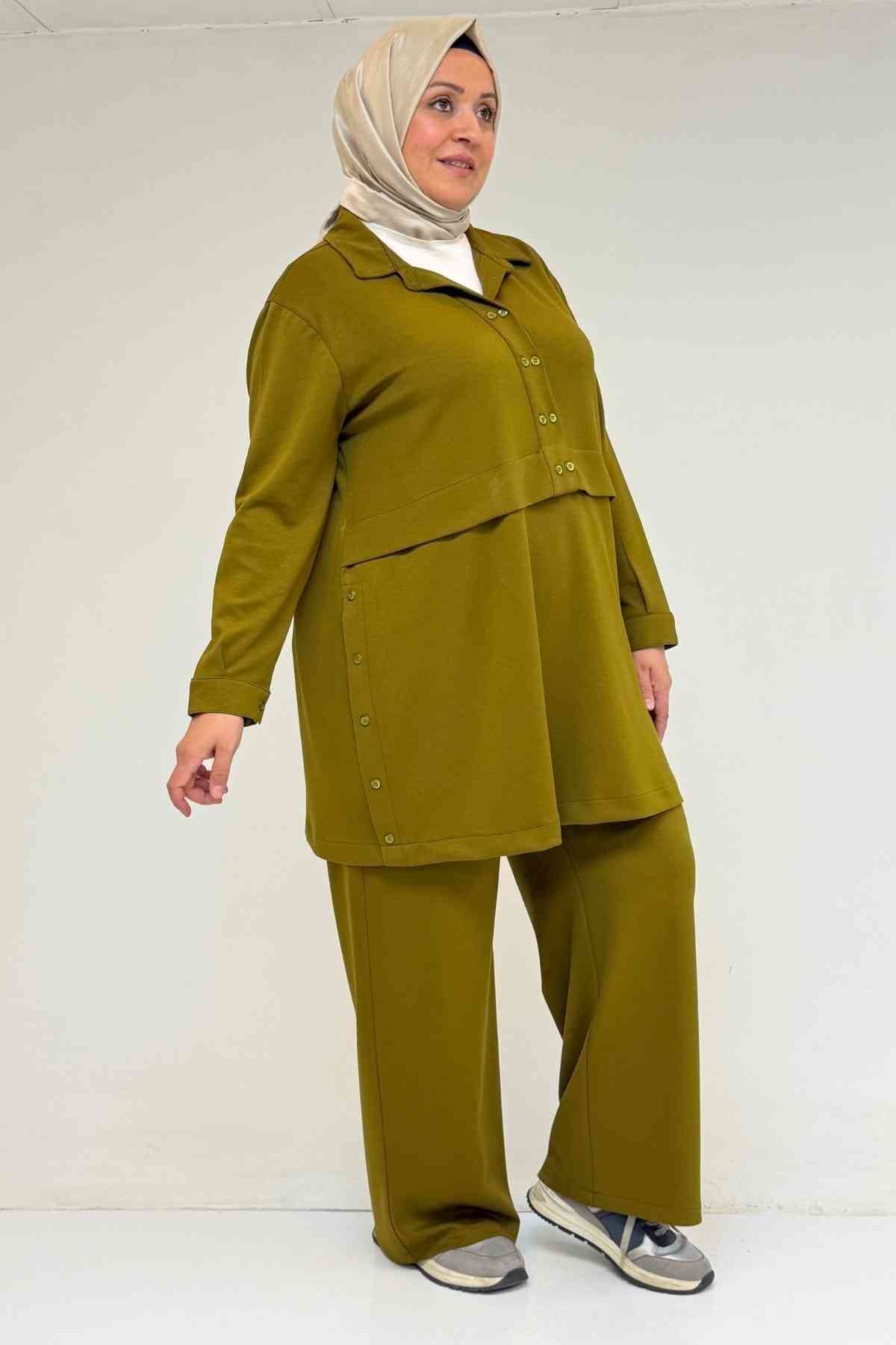 57038 Büyük Beden Erkek Yaka Düğme Detaylı Modal Pantolonlu  Takım - Yağ Yeşili