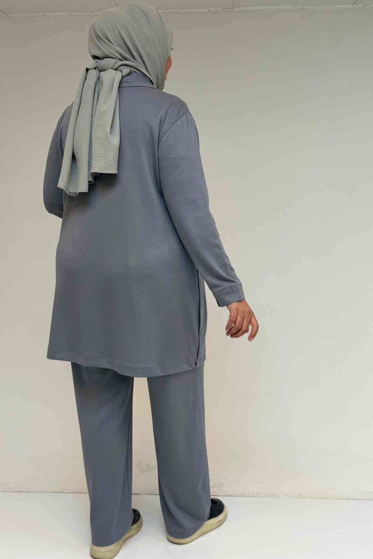 57038 Büyük Beden Erkek Yaka Düğme Detaylı Modal Pantolonlu  Takım - Gri