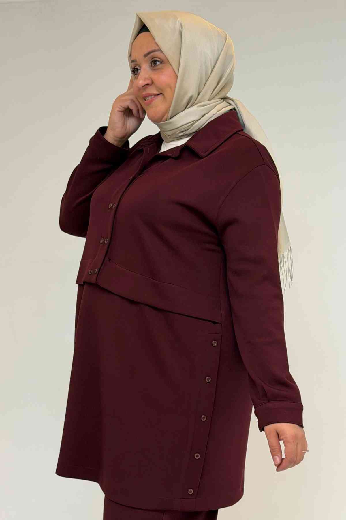 57038 Büyük Beden Erkek Yaka Düğme Detaylı Modal Pantolonlu  Takım - Bordo