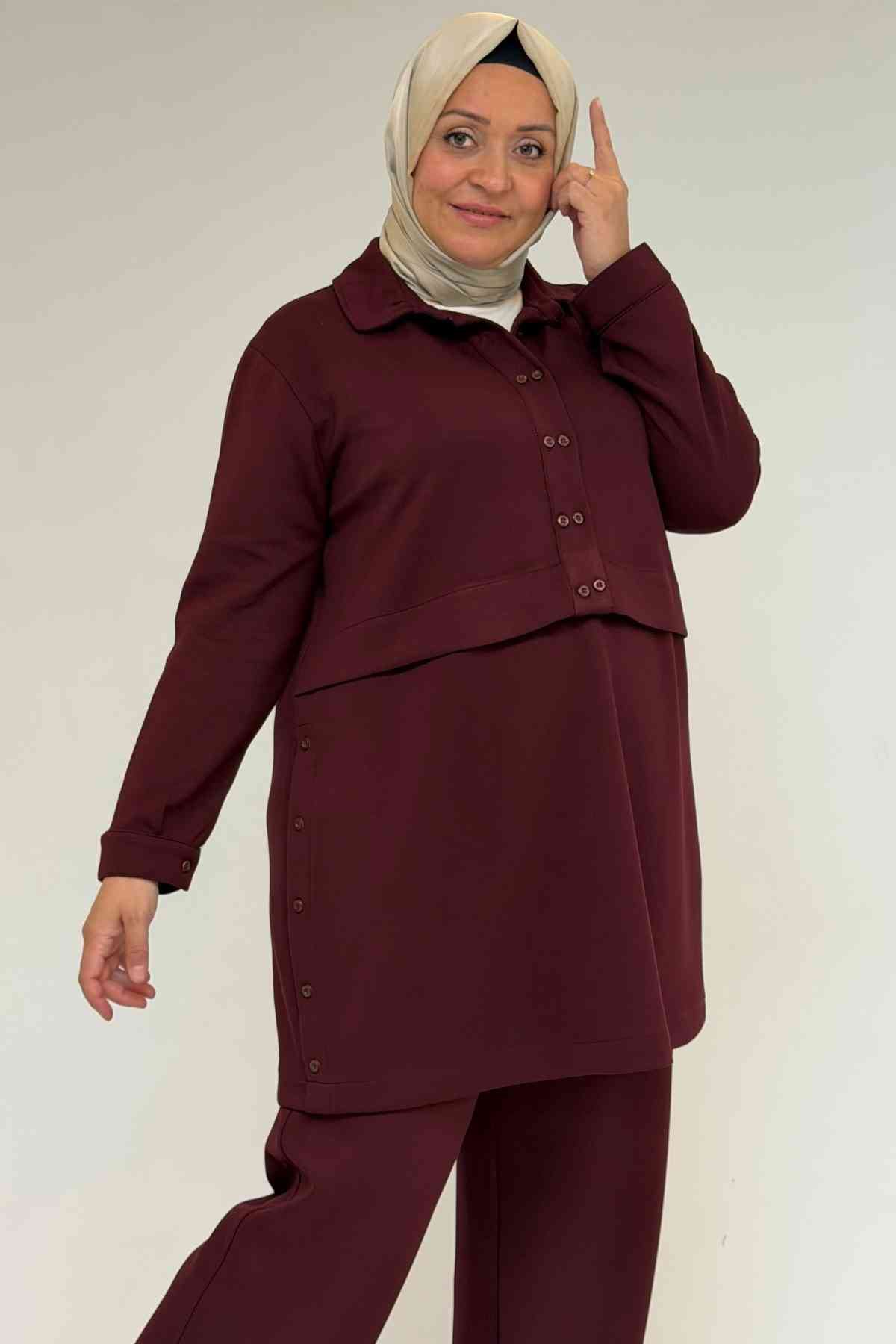 57038 Büyük Beden Erkek Yaka Düğme Detaylı Modal Pantolonlu  Takım - Bordo