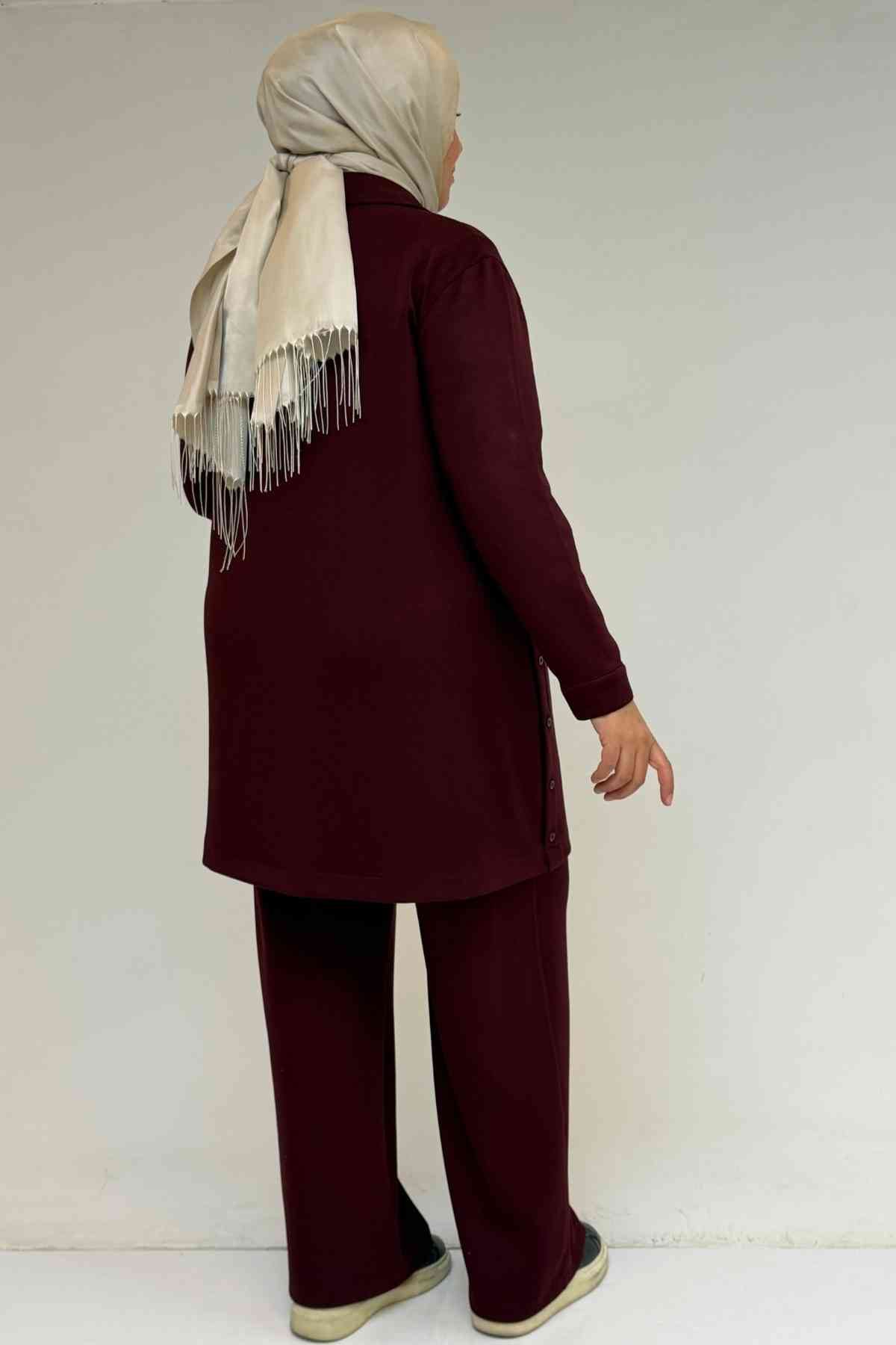 57038 Büyük Beden Erkek Yaka Düğme Detaylı Modal Pantolonlu  Takım - Bordo