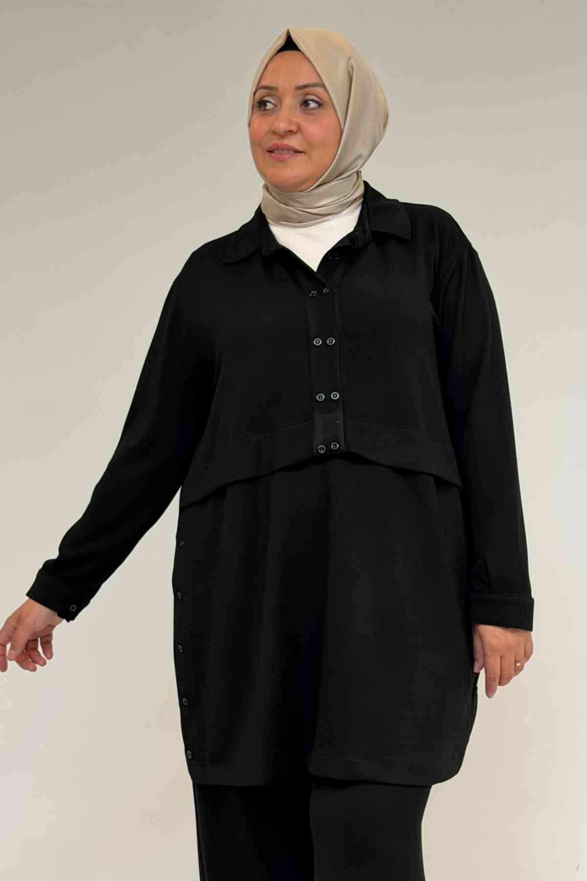 57038 Büyük Beden Erkek Yaka Düğme Detaylı Modal Pantolonlu  Takım - Siyah