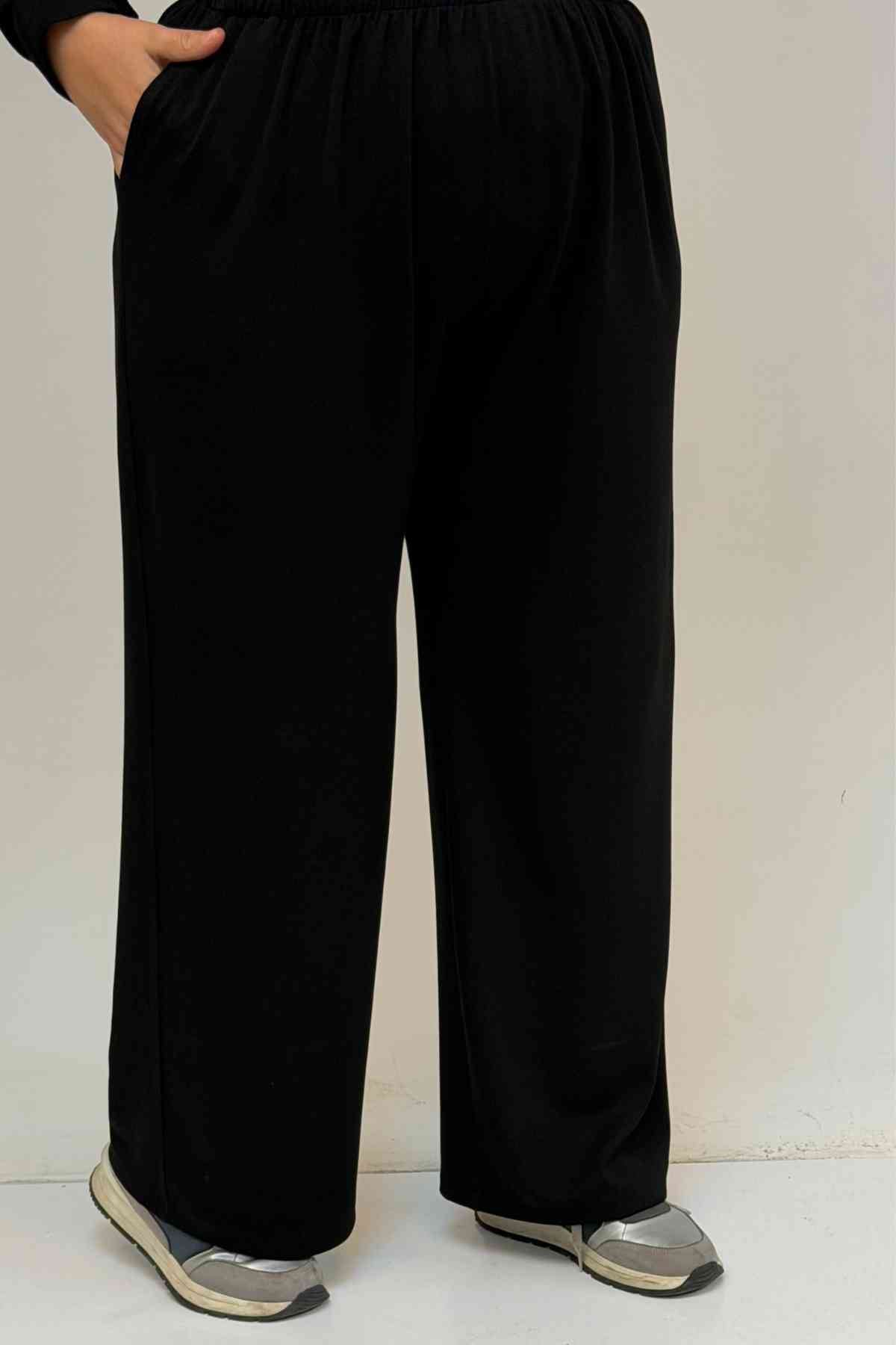 57038 Büyük Beden Erkek Yaka Düğme Detaylı Modal Pantolonlu  Takım - Siyah