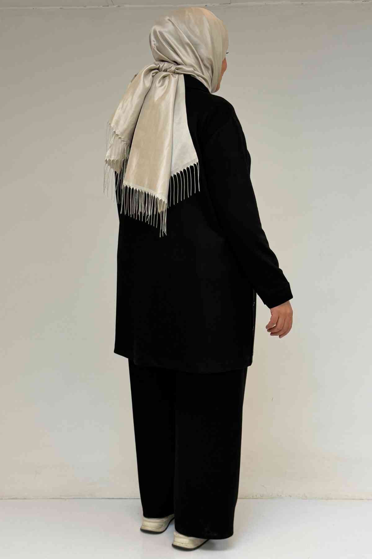 57038 Büyük Beden Erkek Yaka Düğme Detaylı Modal Pantolonlu  Takım - Siyah