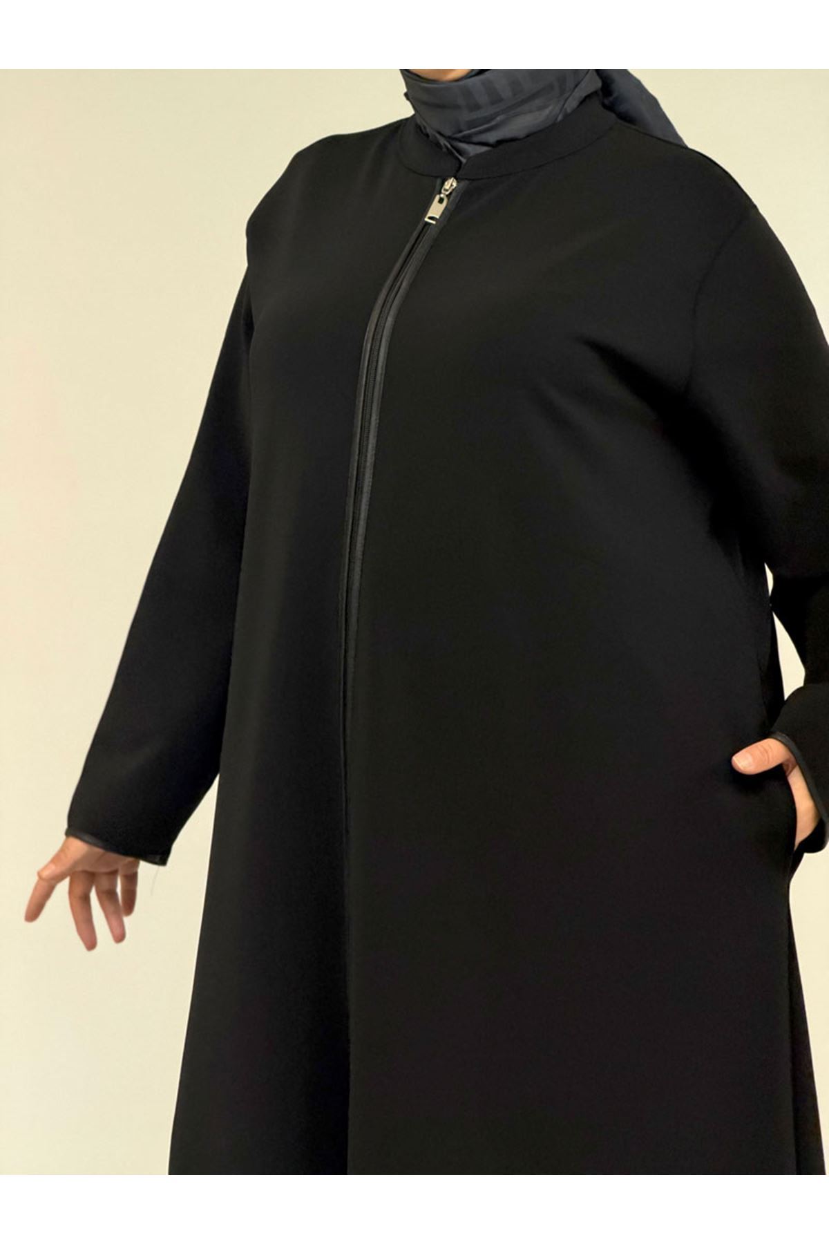 56003 Büyük Beden Önden Fermuarlı Hakim Yaka Ferace - Siyah