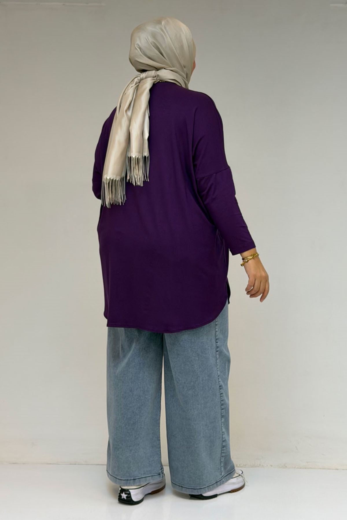38111 Büyük Beden Basic Penye Tunik - Mürdüm