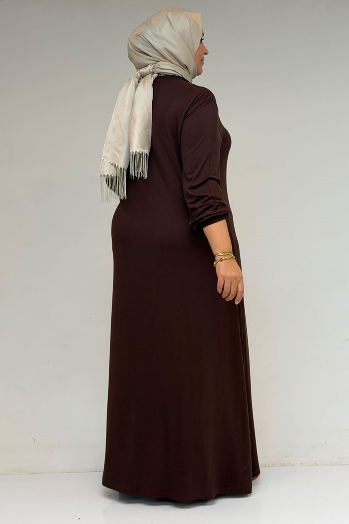 22008 Büyük Beden Kolu Lastikli Penye Elbise-Kahve