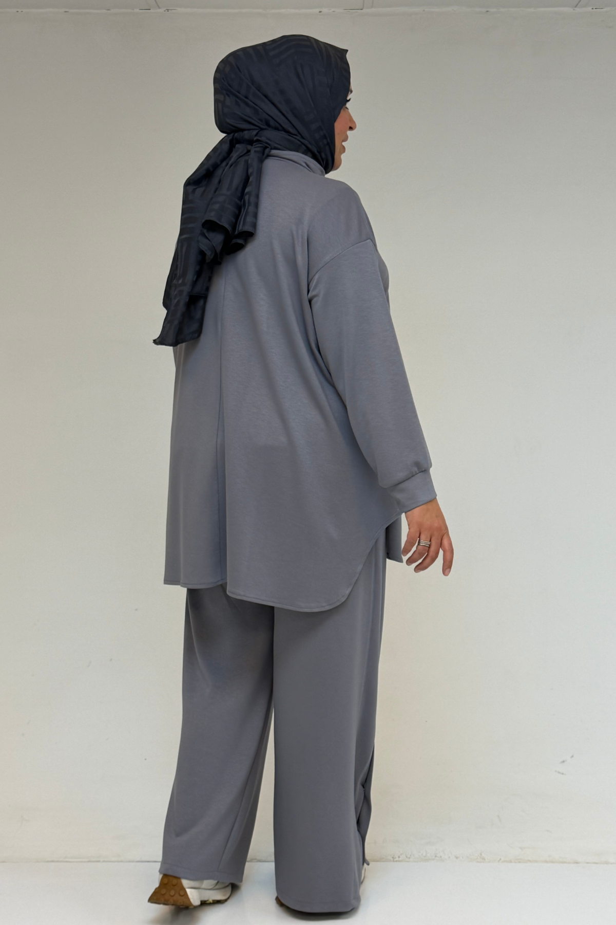 57034 Büyük Beden Çift Düğme Detaylı Modal Pantolonlu Takım - Gri