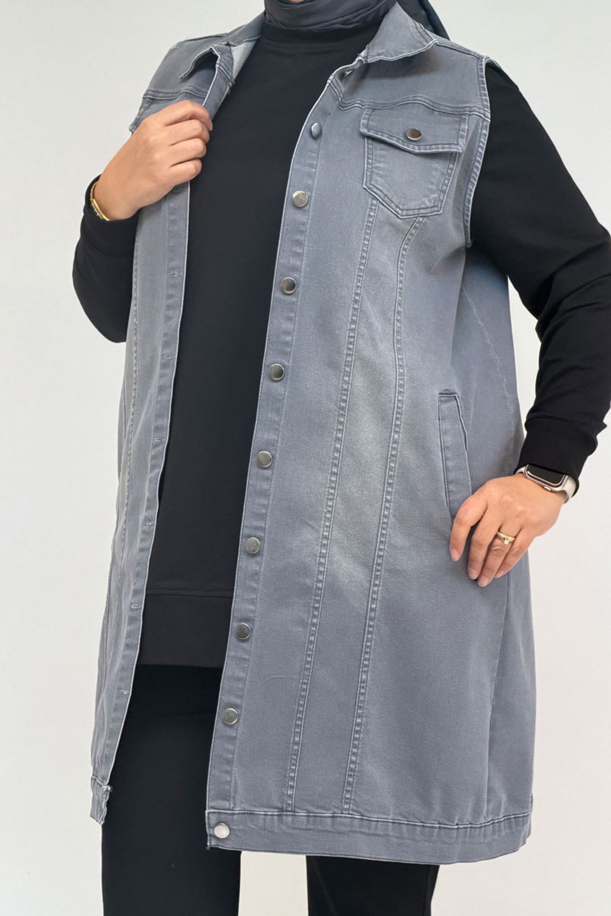 44002-1 Büyük Beden Çift Cepli Sprey Taşlama Detaylı Kot Yelek  - Gri