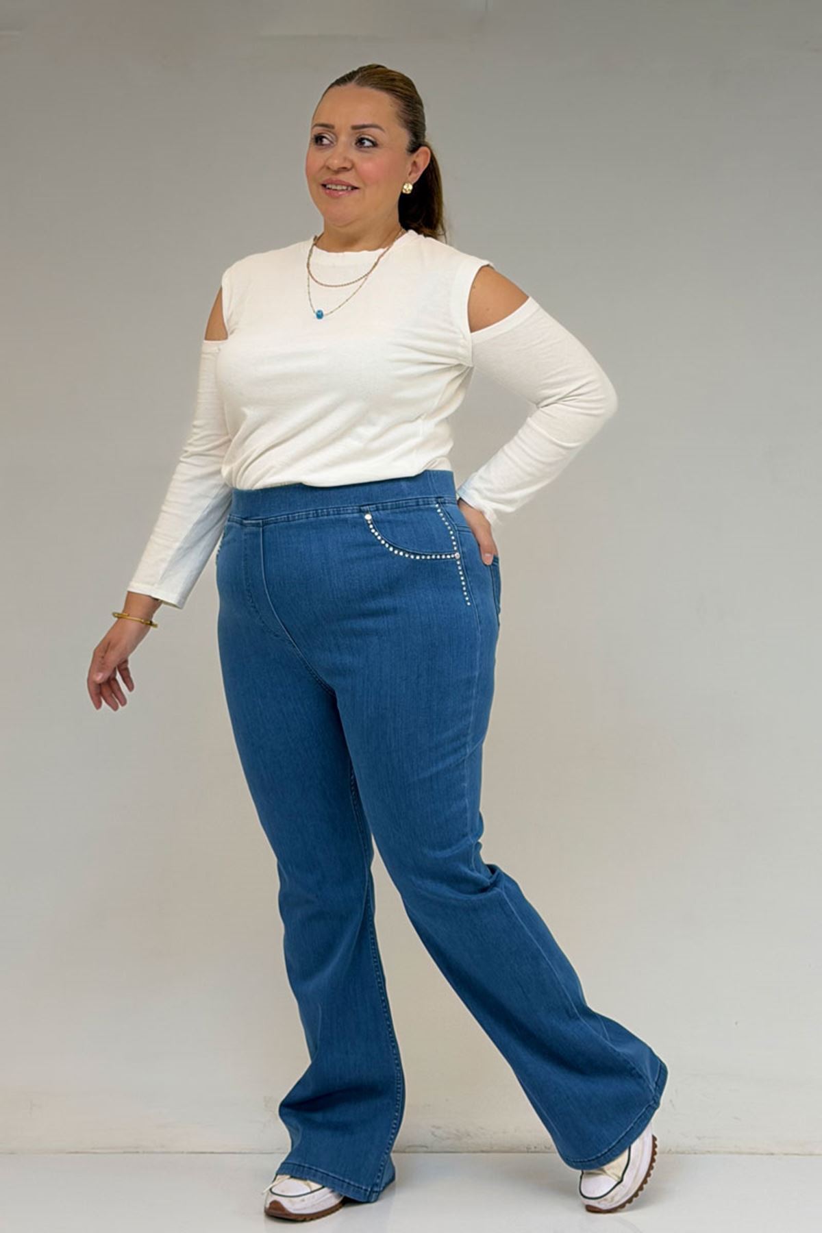 59041 Büyük Beden İspanyol  Taş Baskı Detaylı Kot Pantolon - Açık Mavi