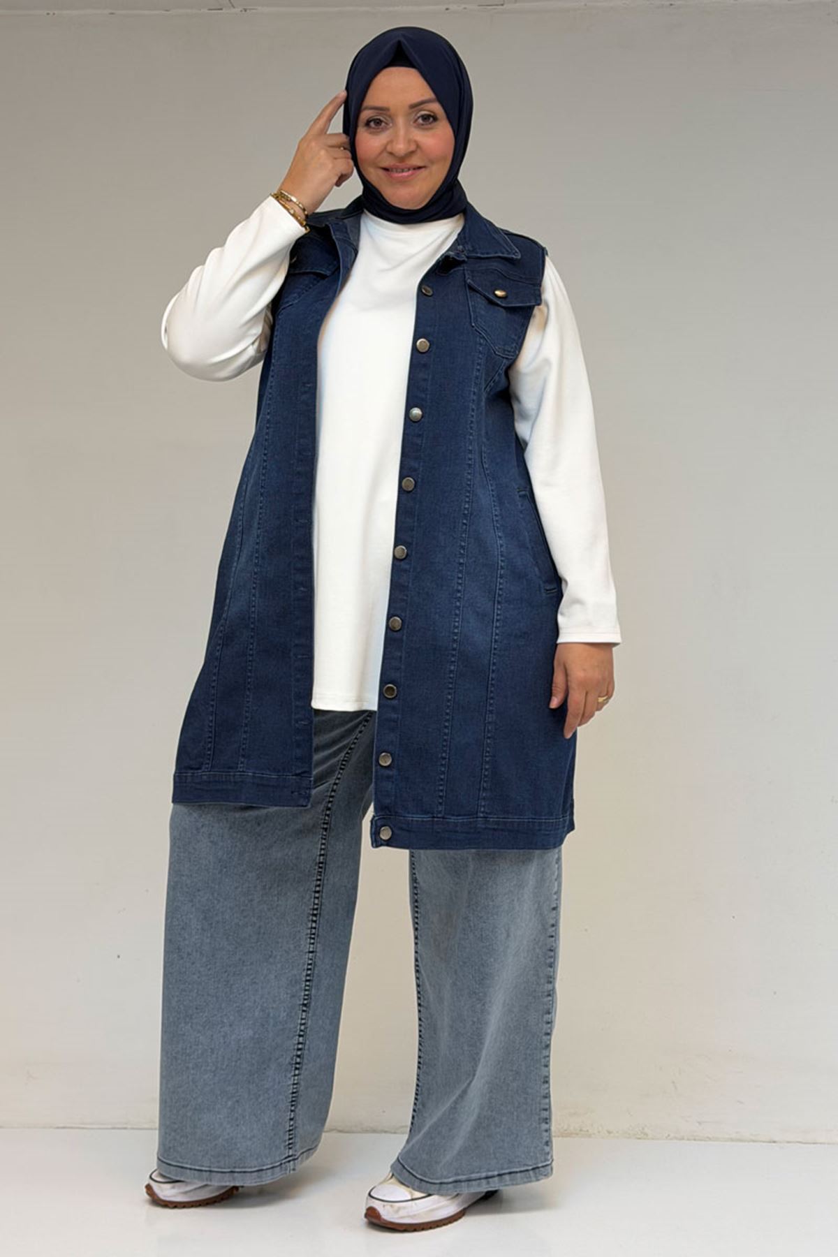 44002-1 Büyük Beden Çift Cepli Sprey Taşlama Detaylı Kot Yelek  -Mavi