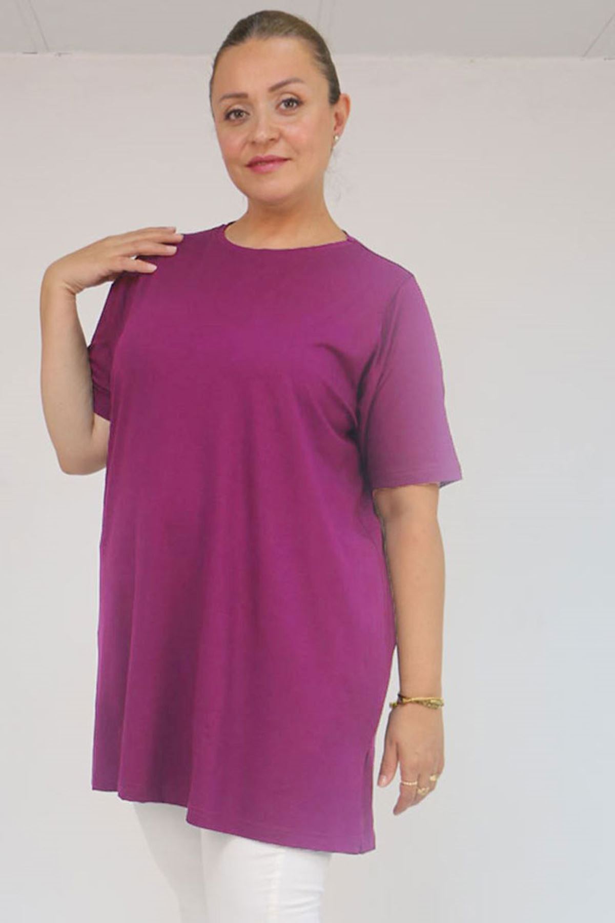 58507 Büyük Beden Yakası Biyeli Penye Tişört - Mor