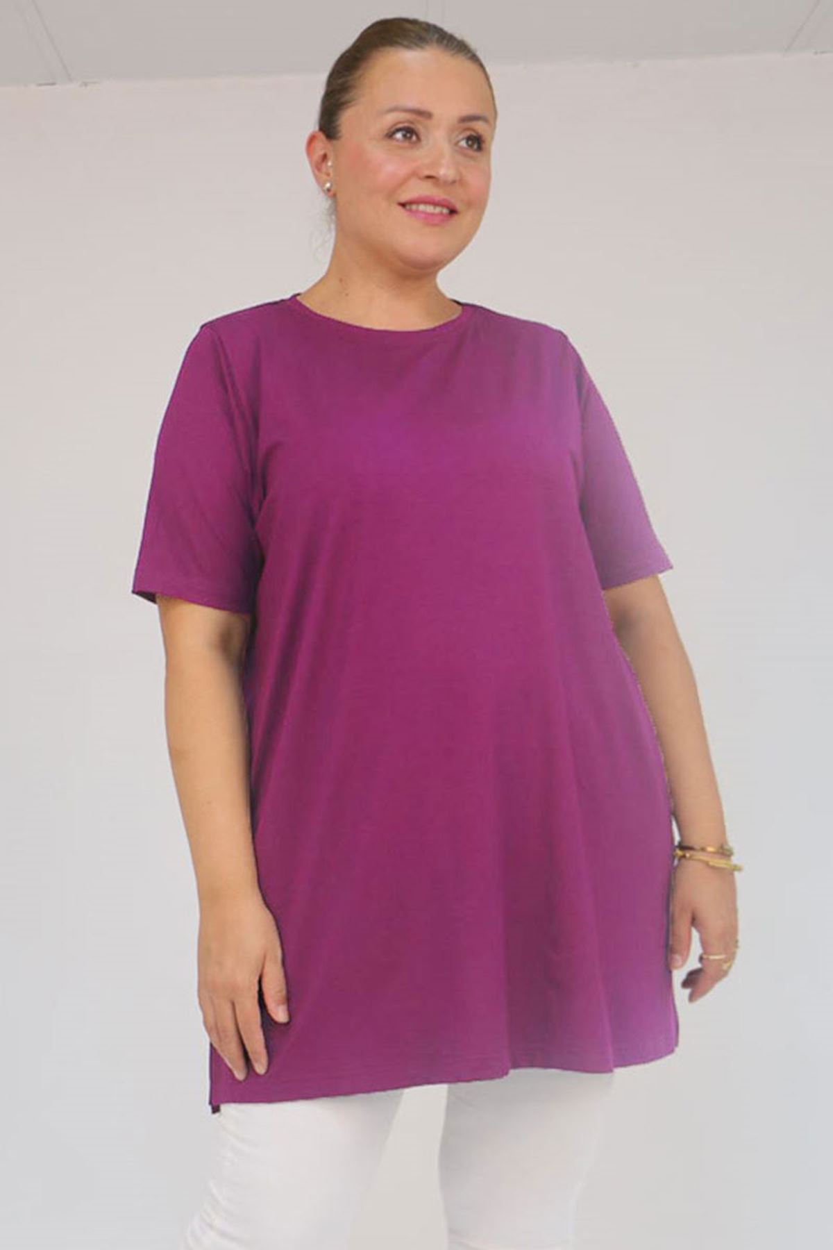 58507 Büyük Beden Yakası Biyeli Penye Tişört - Mor