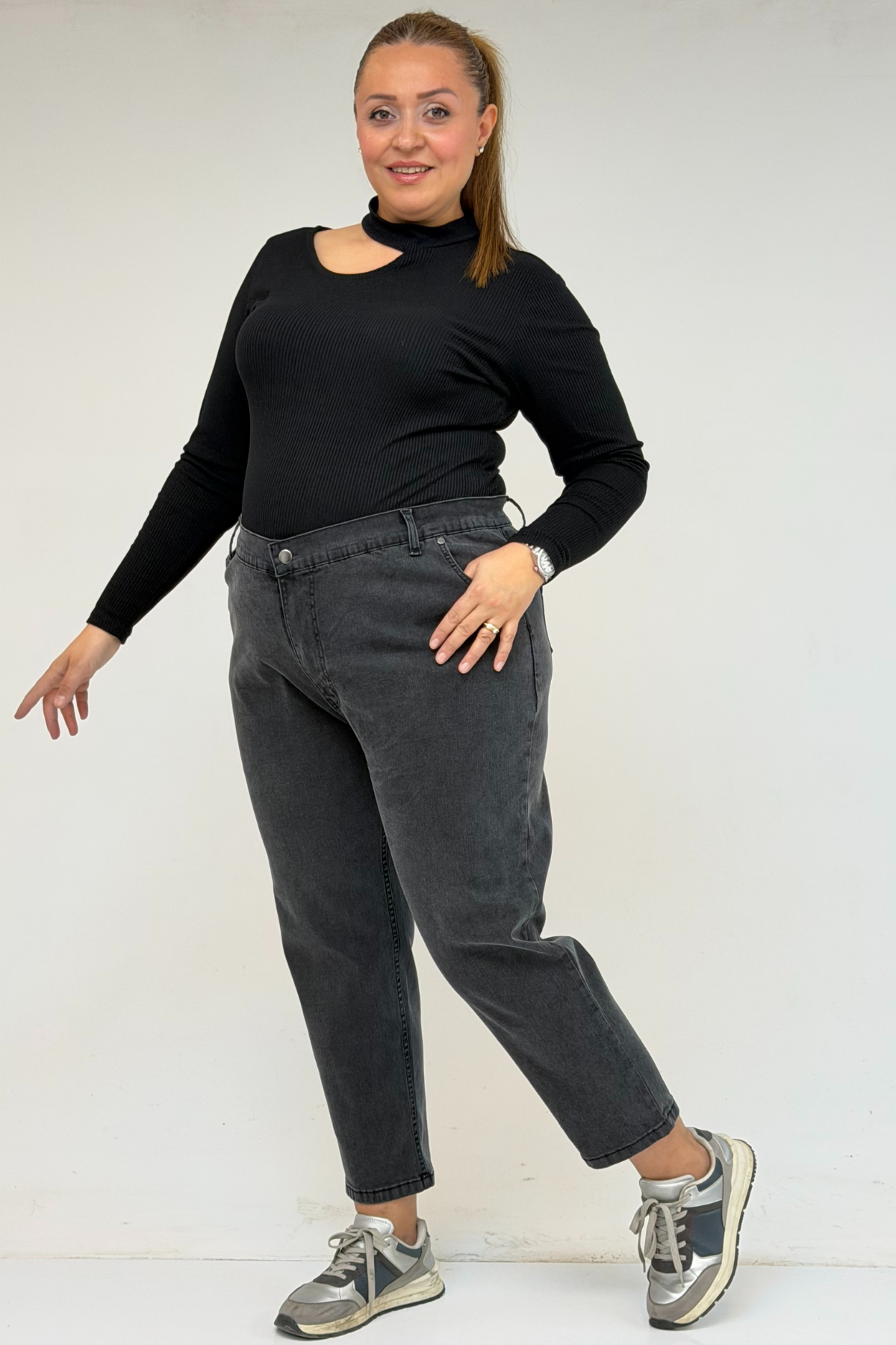 9125-6 Büyük Beden Boy Friend Kot Pantolon -Kar Yıkama Siyah