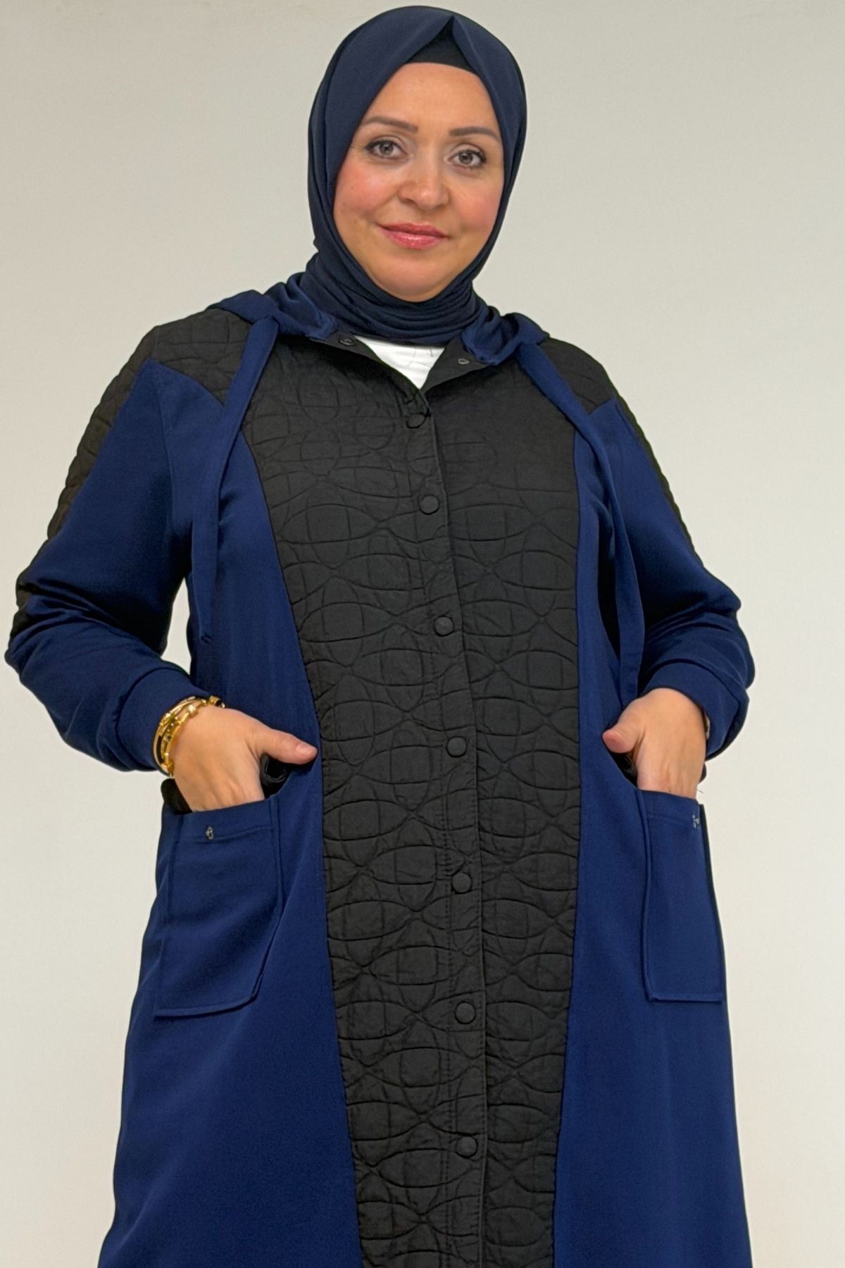 53030  Büyük Beden Kapşonlu Cepli Kapitone-Modal Kap - Siyah-İndigo