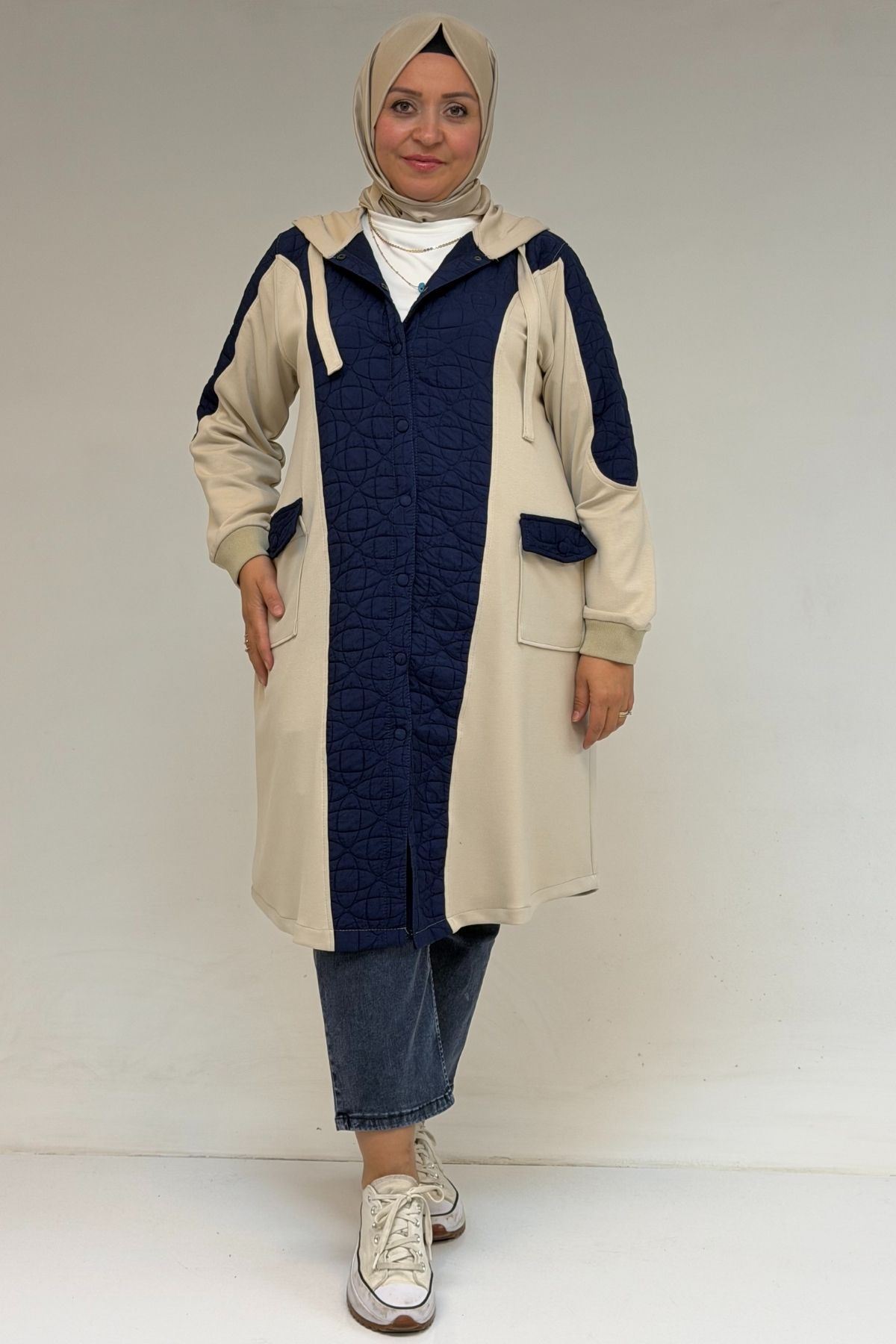 53030  Büyük Beden Kapşonlu Cepli Kapitone-Modal Kap - İndigo-Bej